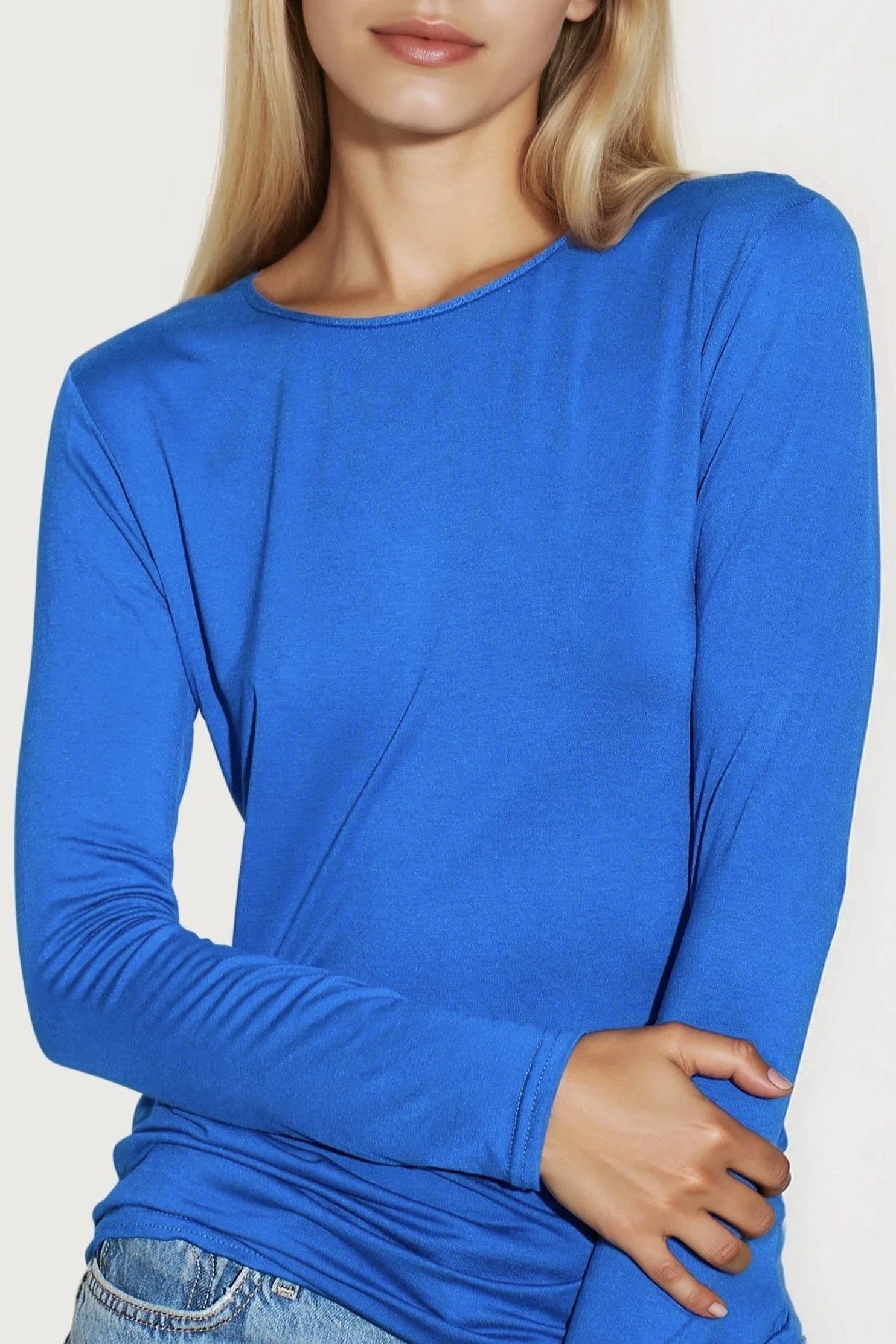 Royal Blue Round Neck Long Sleeve Top-3