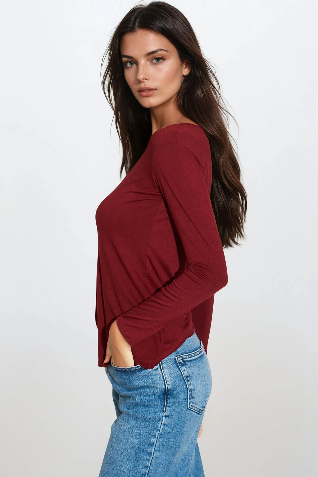 Burgundy Round Neck Long Sleeve Top-2