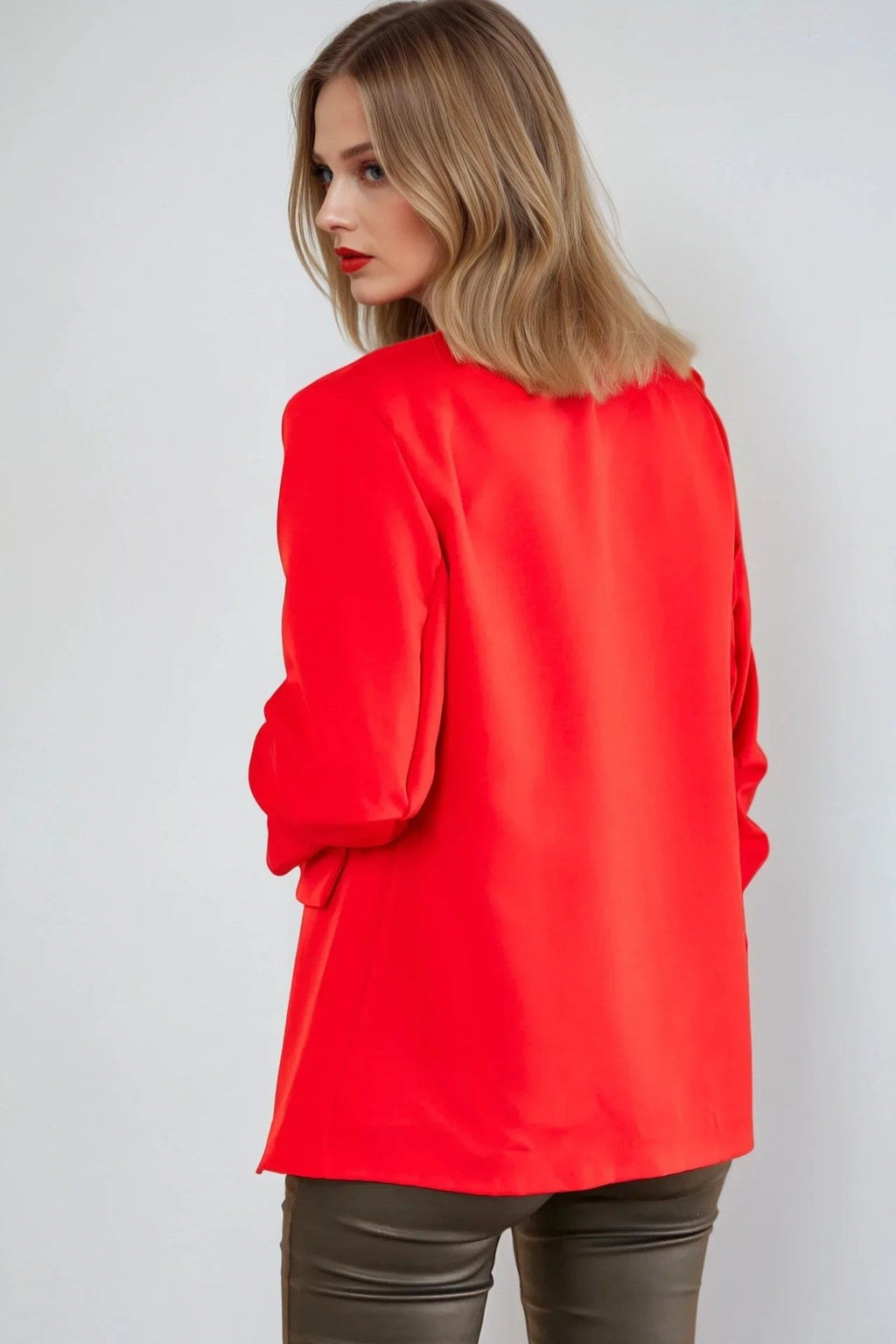 Red Blazer with Ruched Sleeves-2
