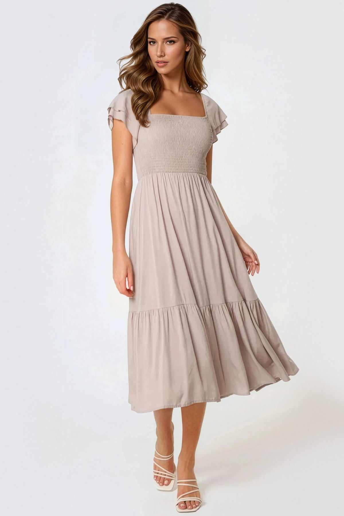 Beige Smock Midi Dress-0