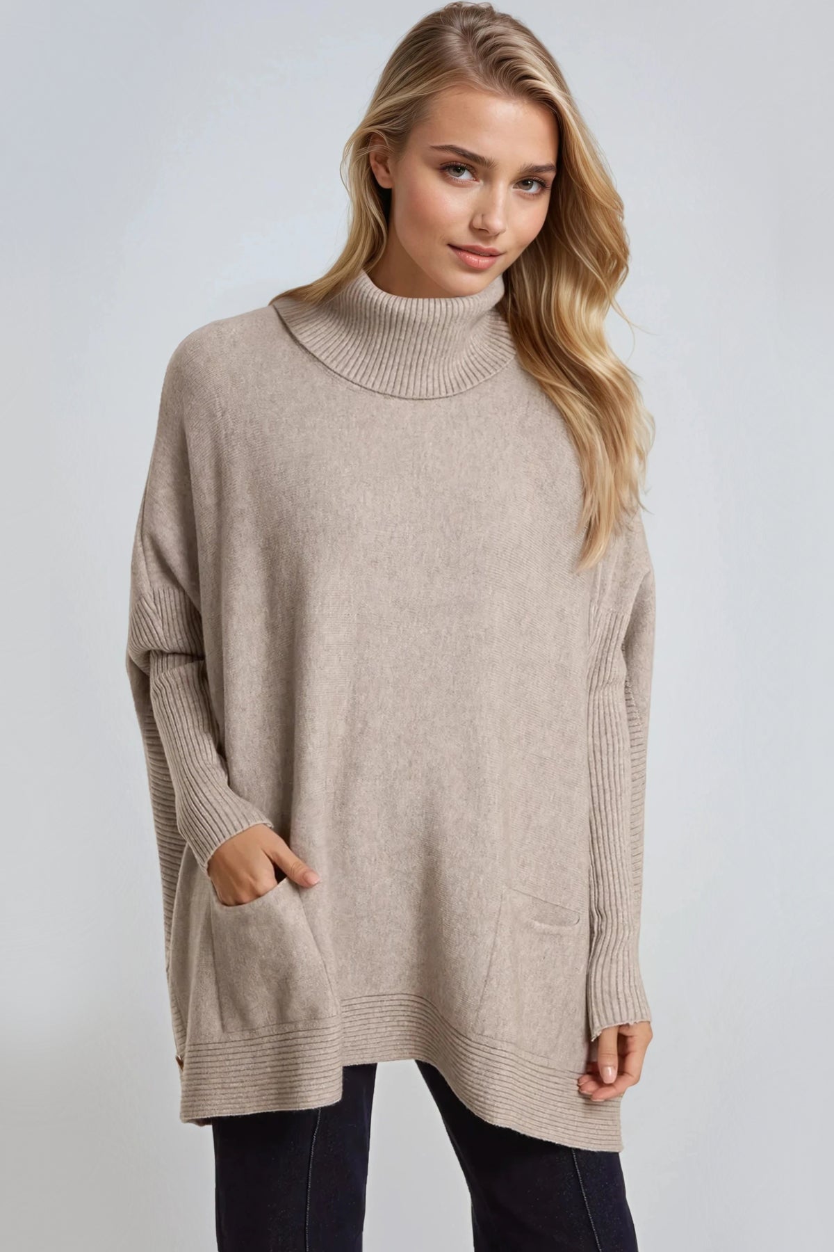 Mocha Roll Neck Jumper Poncho With Side Buttons-0