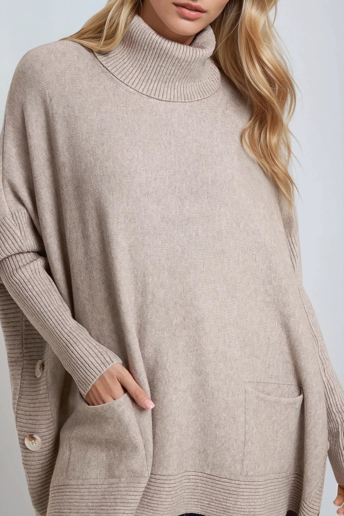 Mocha Roll Neck Jumper Poncho With Side Buttons-1