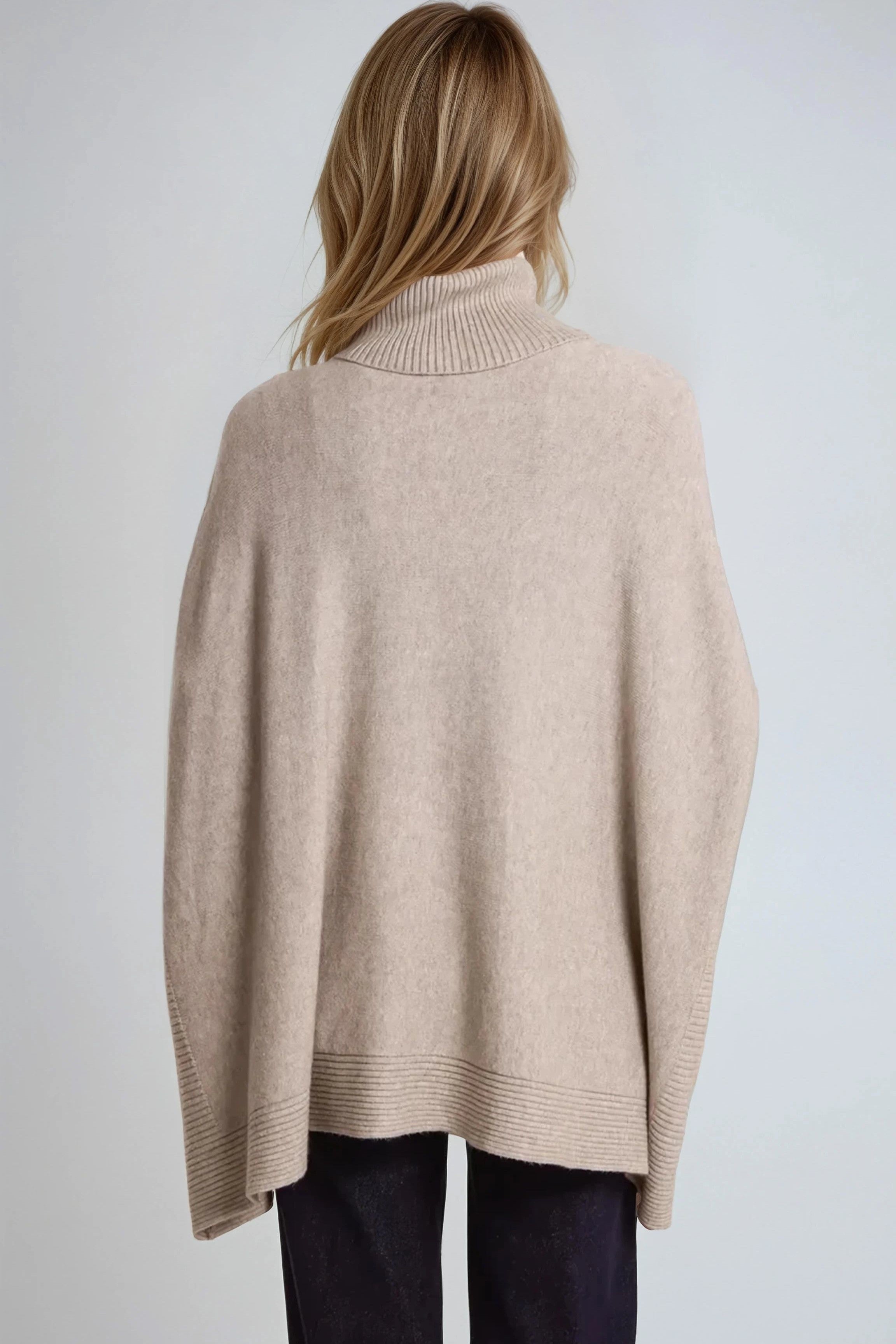 Mocha Roll Neck Jumper Poncho With Side Buttons-2