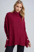 Burgundy Roll Neck Jumper Poncho With Side Buttons-0