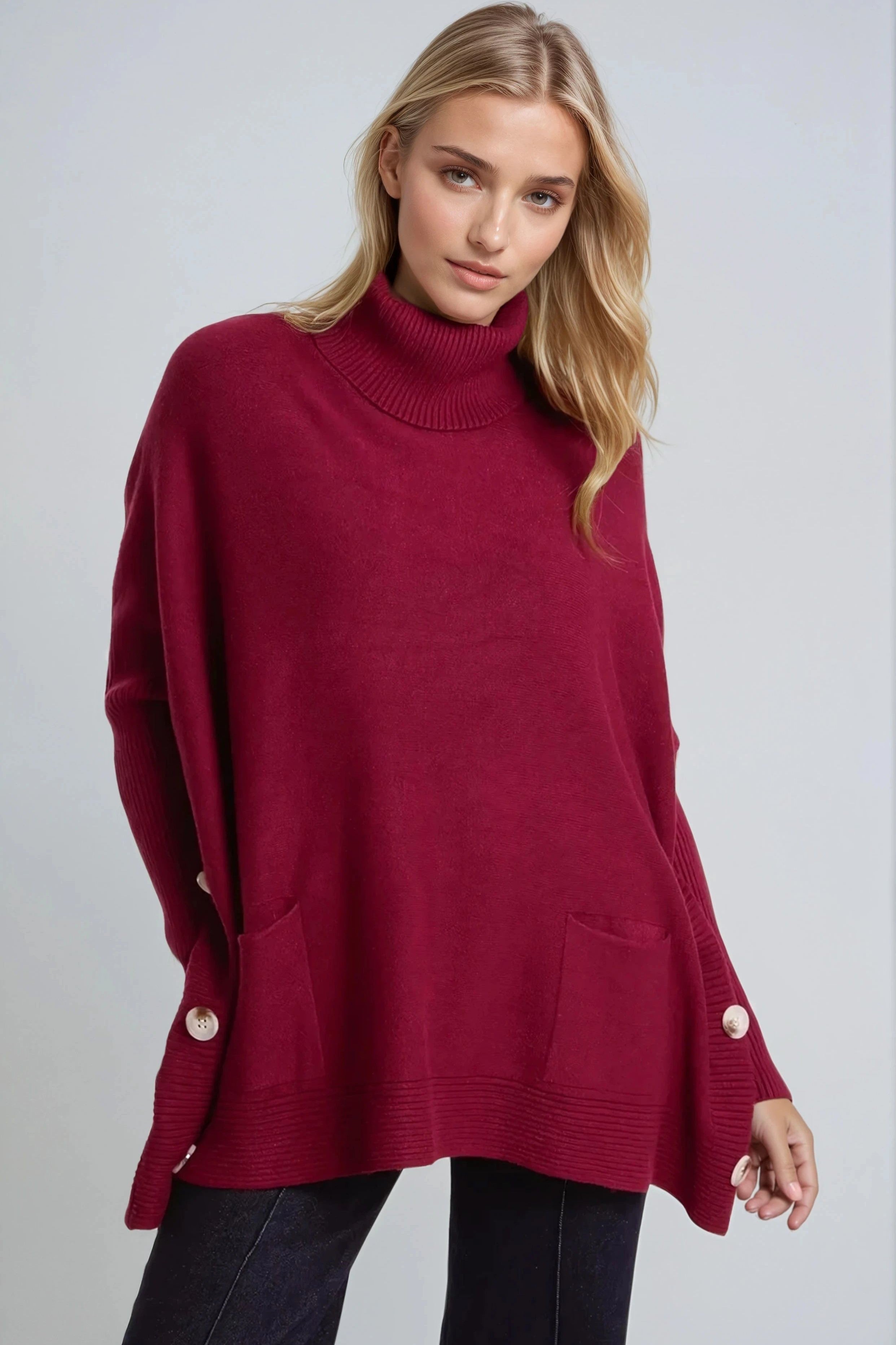 Burgundy Roll Neck Jumper Poncho With Side Buttons-0