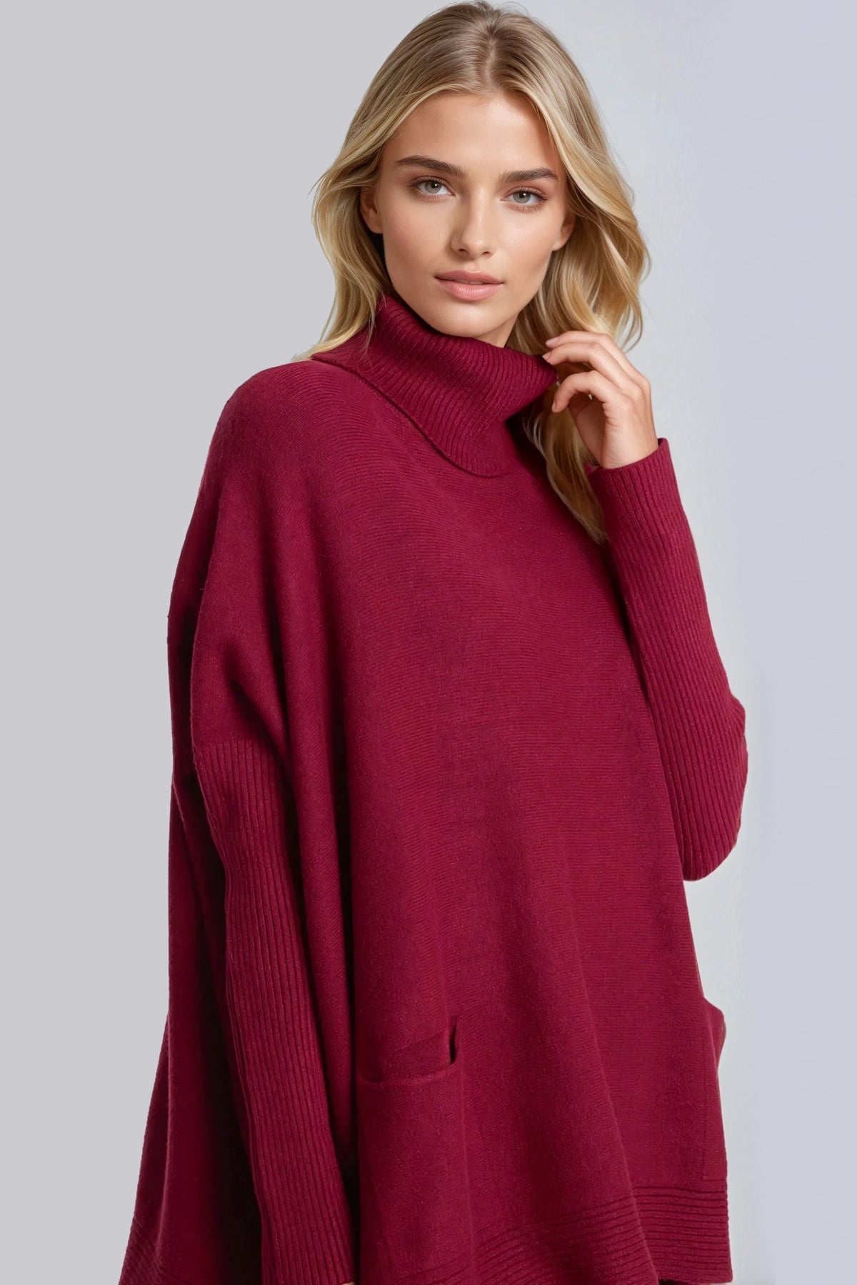 Burgundy Roll Neck Jumper Poncho With Side Buttons-1