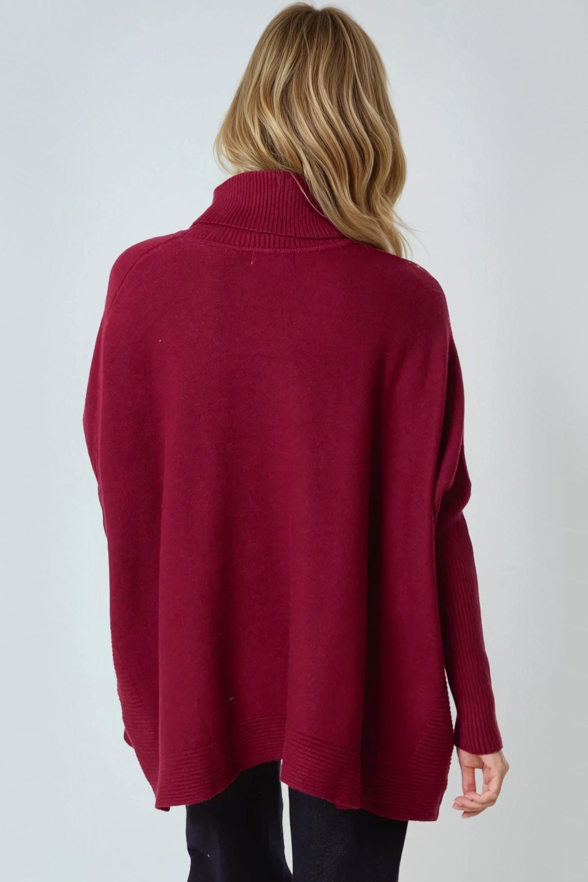 Burgundy Roll Neck Jumper Poncho With Side Buttons-2