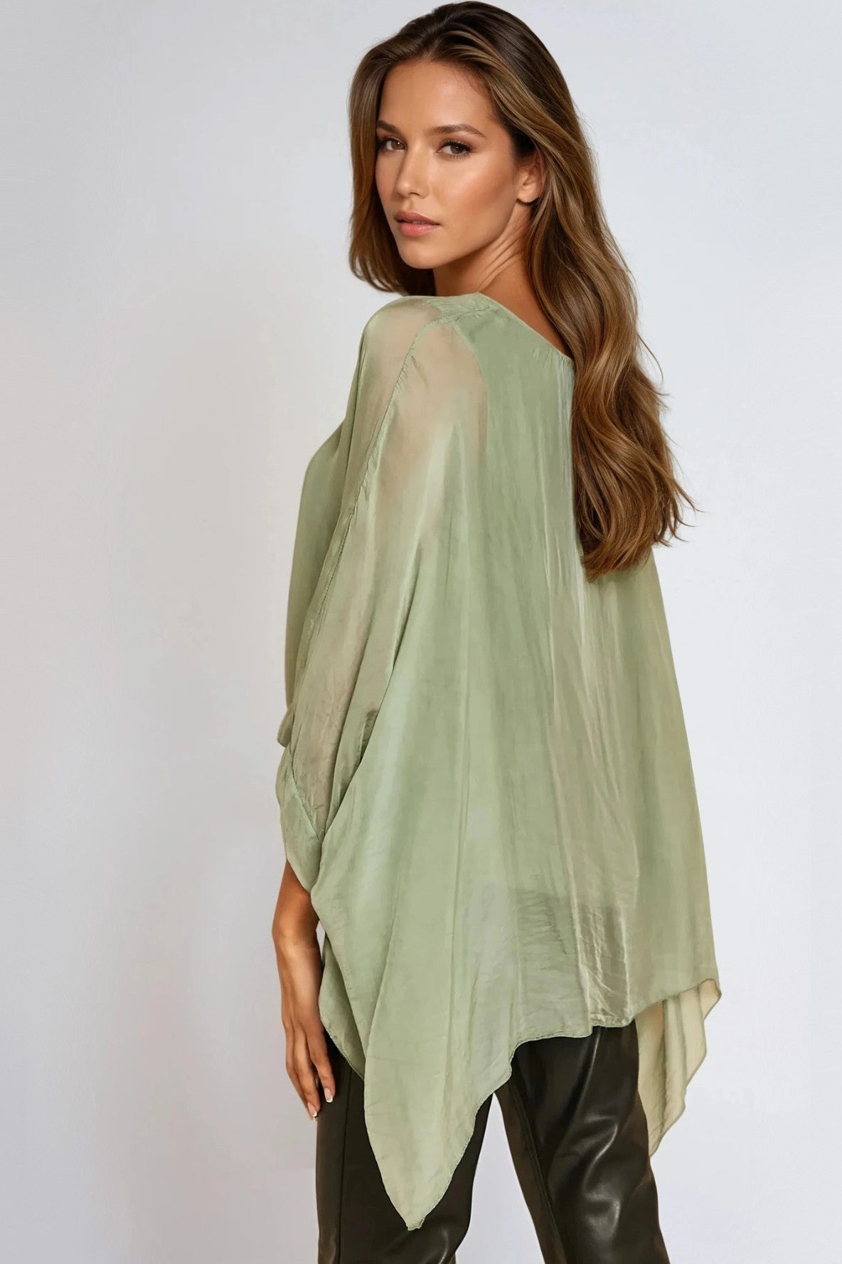 Khaki Silk Batwing Sleeve Round Neck Blouse-1