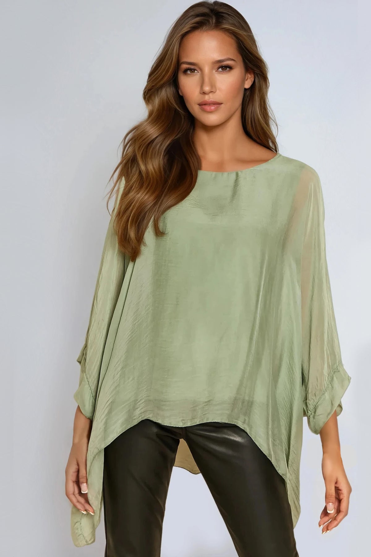 Khaki Silk Batwing Sleeve Round Neck Blouse-0