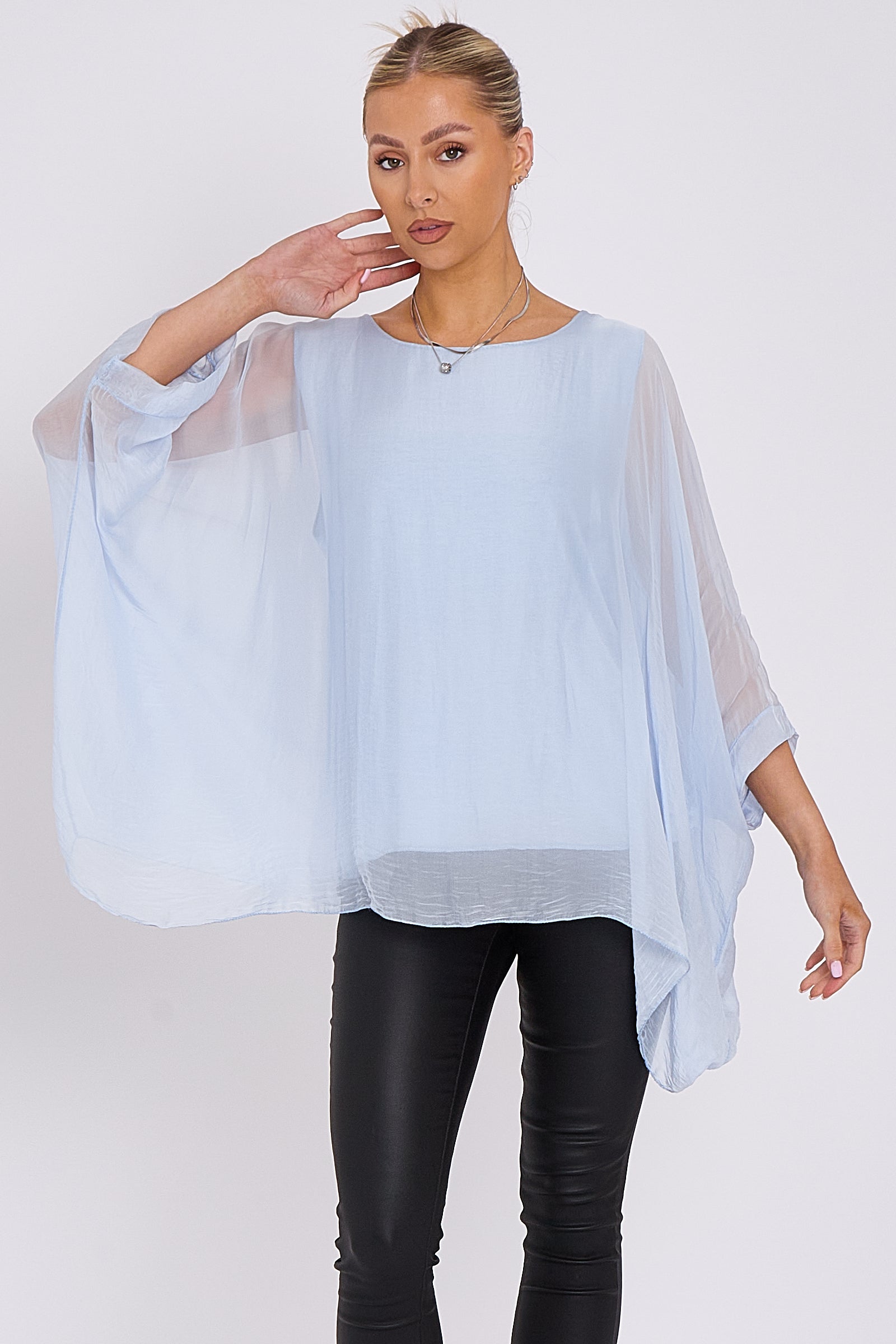 Light Blue Silk Batwing Sleeve Top – Batwing Sleeve Occasion Top-1