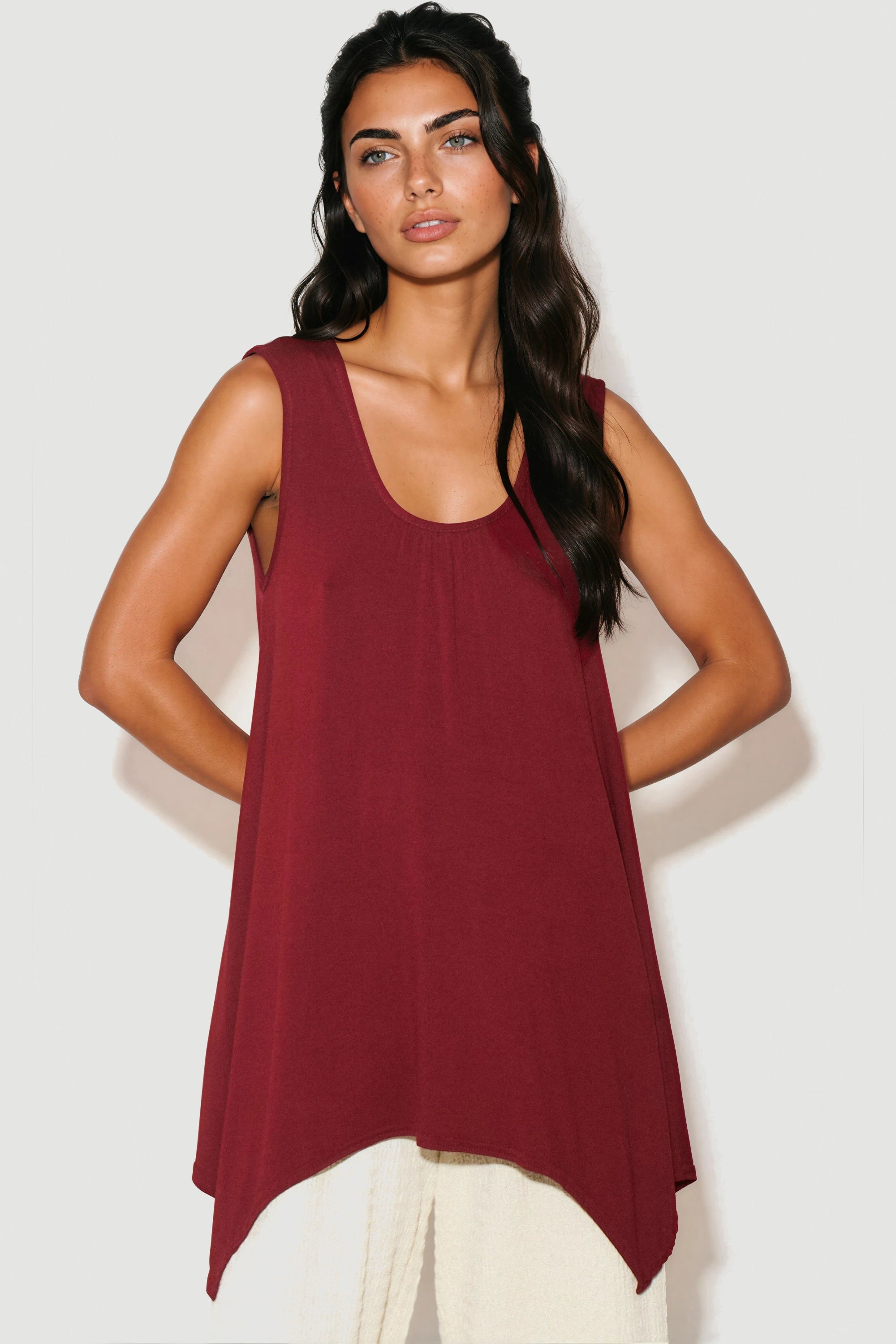 Wine Sleeveless Top With Asymmetric Hem-0