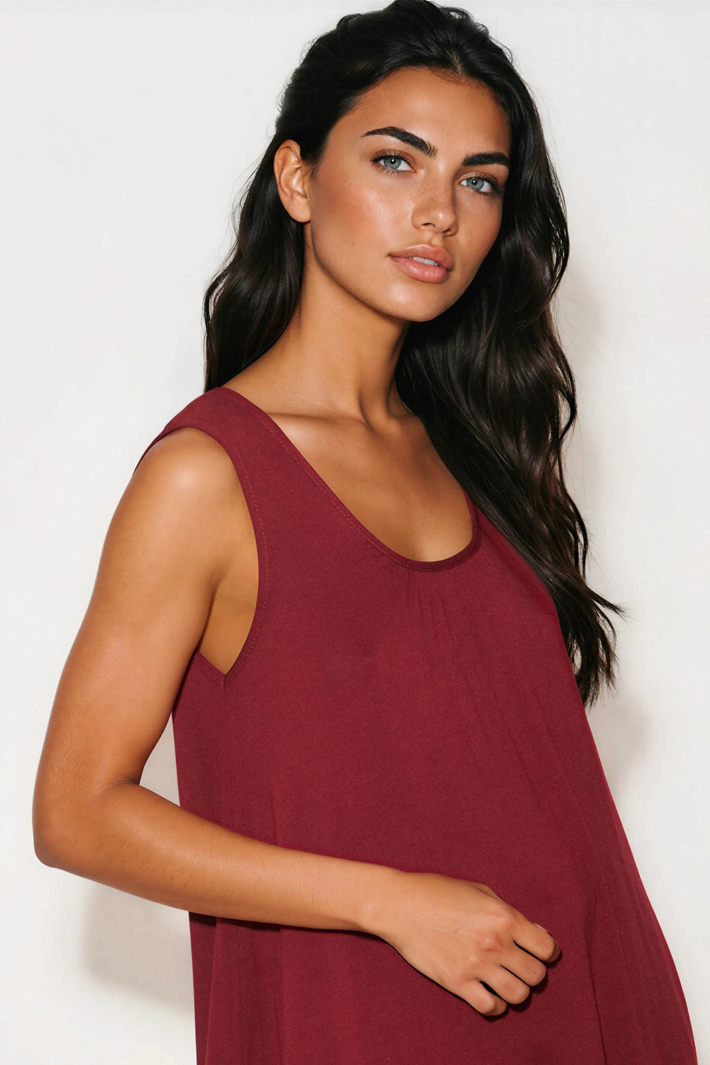 Wine Sleeveless Top With Asymmetric Hem-1