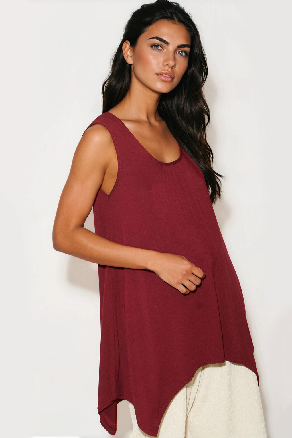 Wine Sleeveless Top With Asymmetric Hem-2