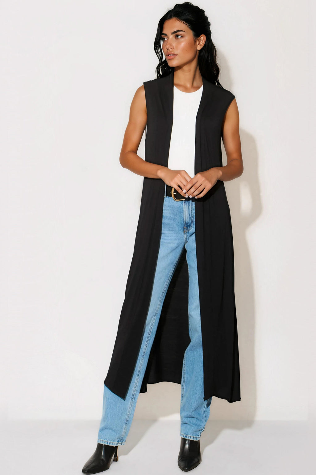 Black Sleeveless Longline Maxi Cardigan-0