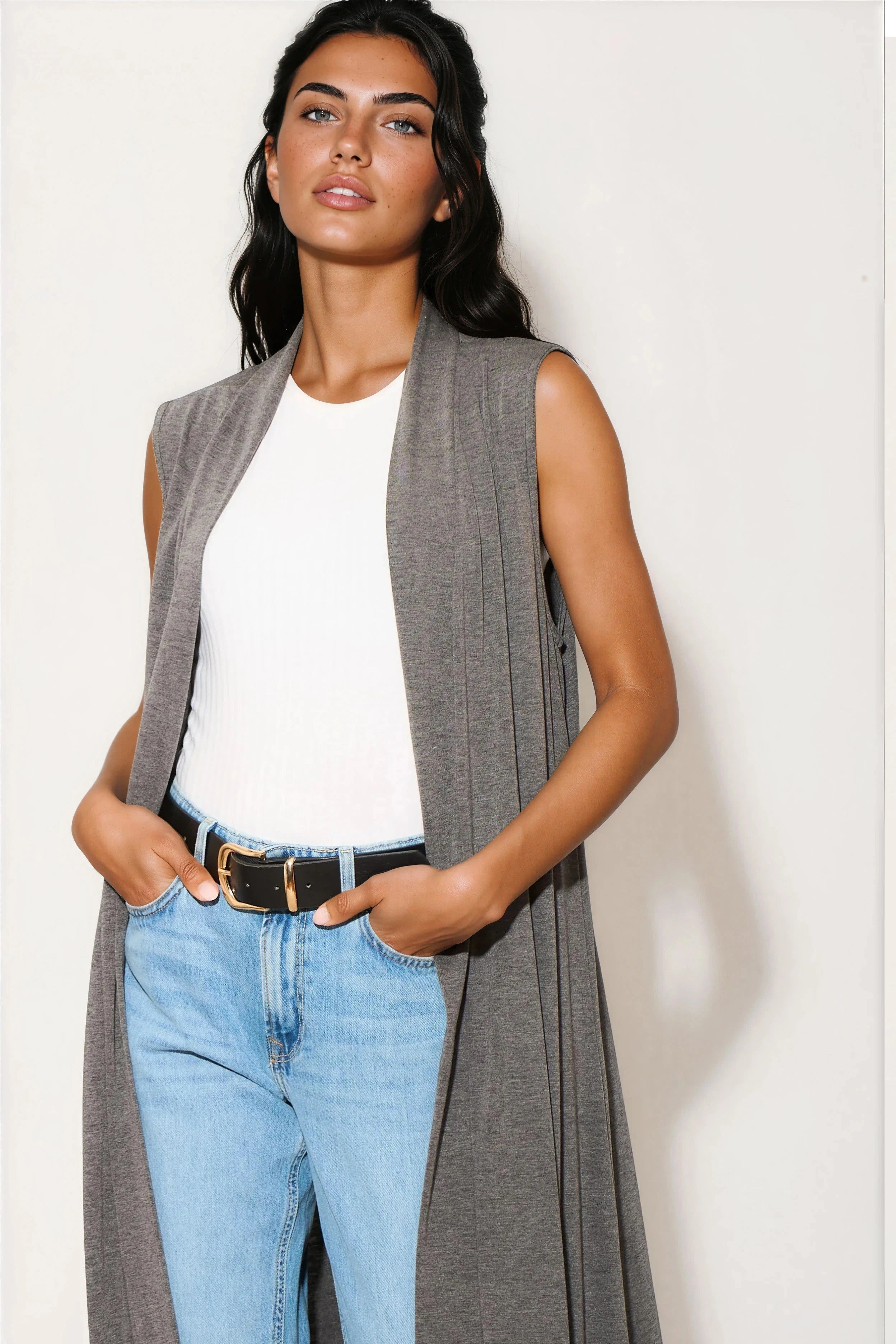Charcoal Sleeveless Longline Maxi Cardigan-1