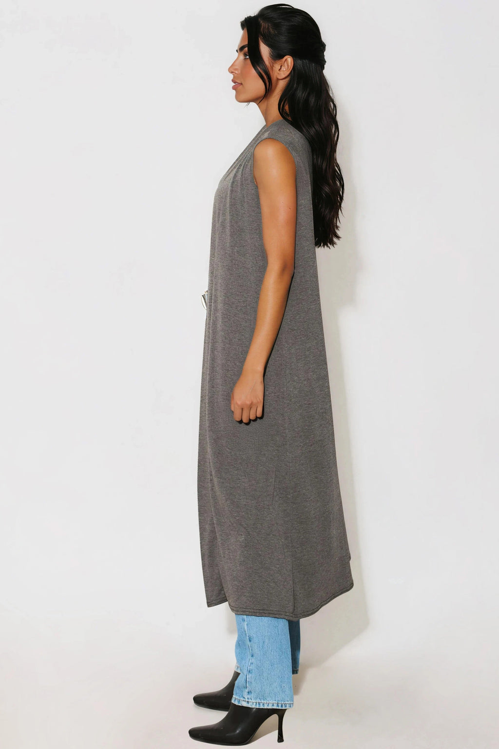 Charcoal Sleeveless Longline Maxi Cardigan-2