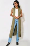 Khaki Sleeveless Longline Maxi Cardigan-0
