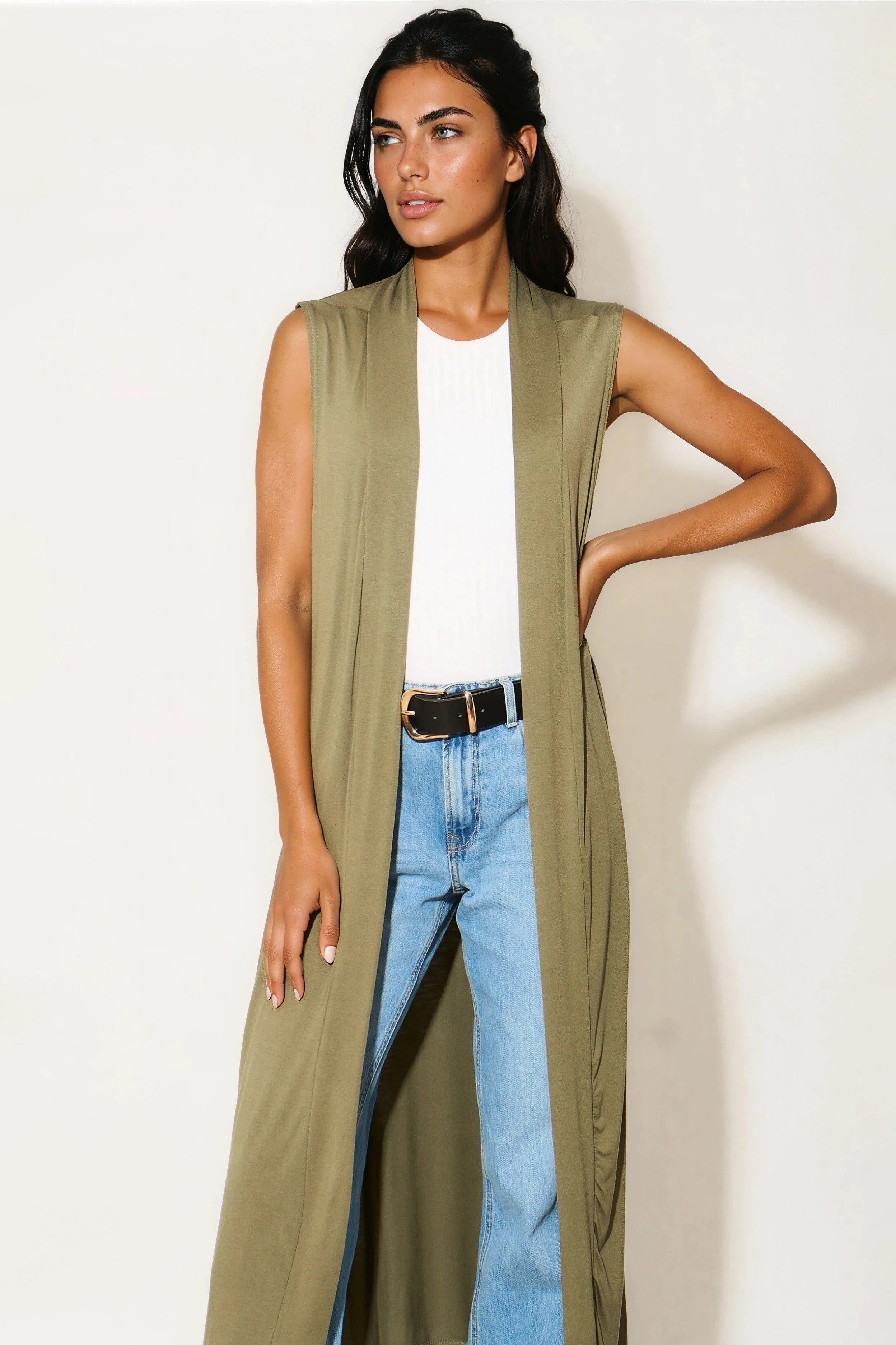 Khaki Sleeveless Longline Maxi Cardigan-1