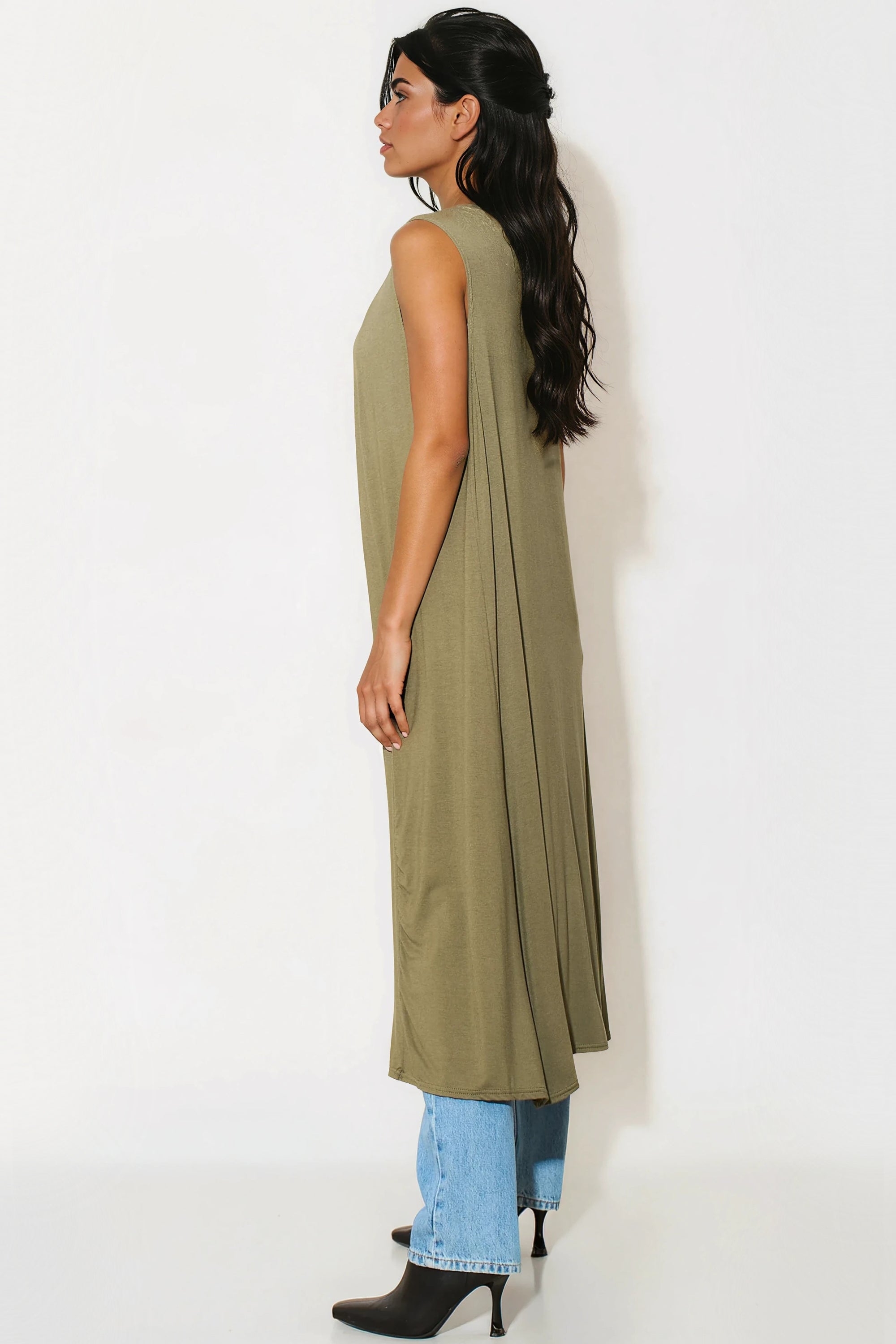 Khaki Sleeveless Longline Maxi Cardigan-2