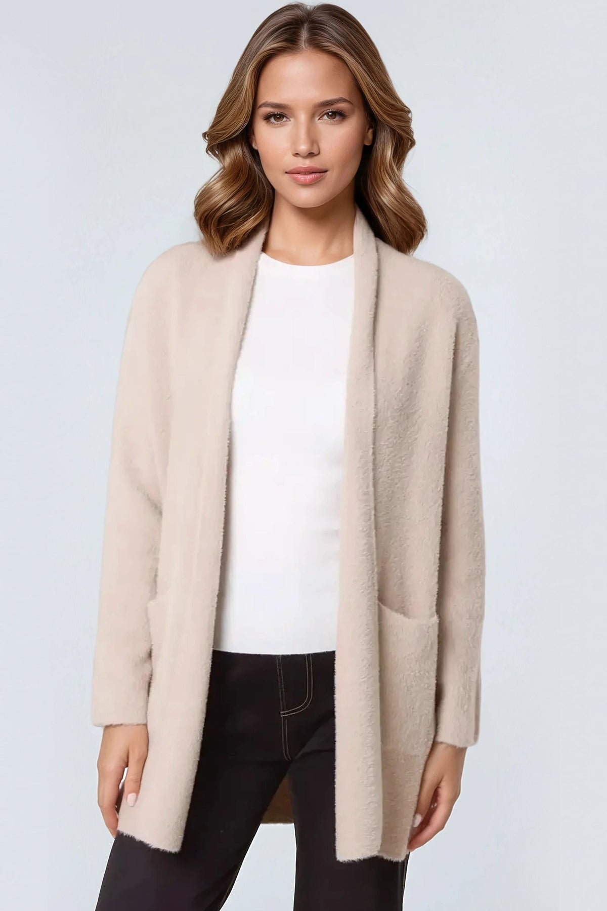 Beige Soft Open Front Cardigan-0