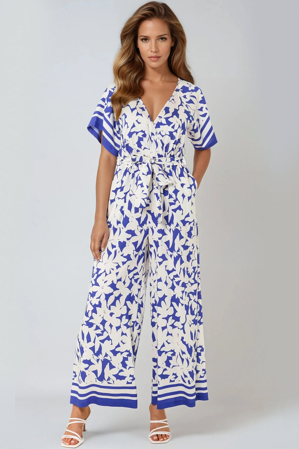 Blue Floral Wide-Leg Wrap Jumpsuit-0