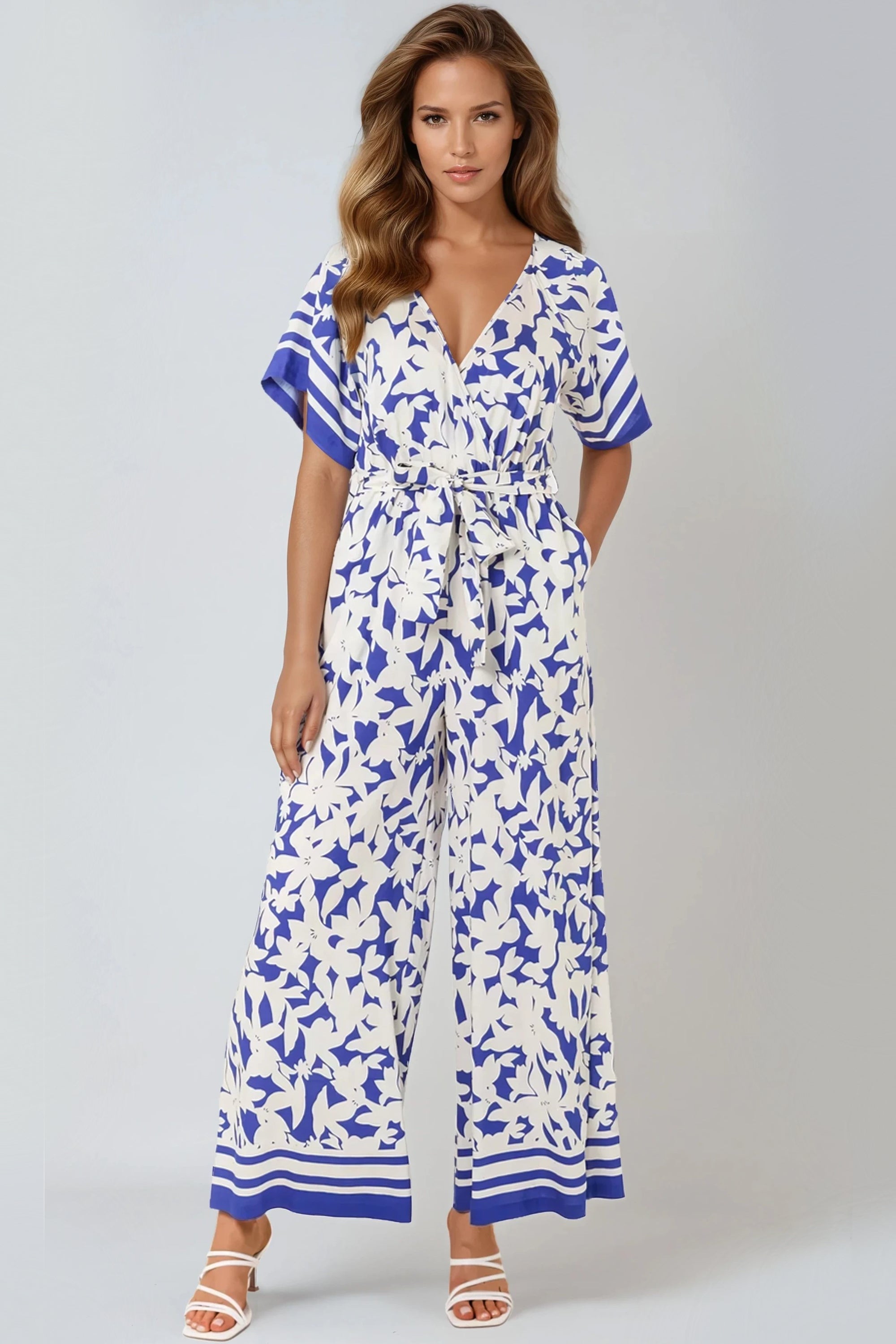 Blue Floral Wide-Leg Wrap Jumpsuit-0