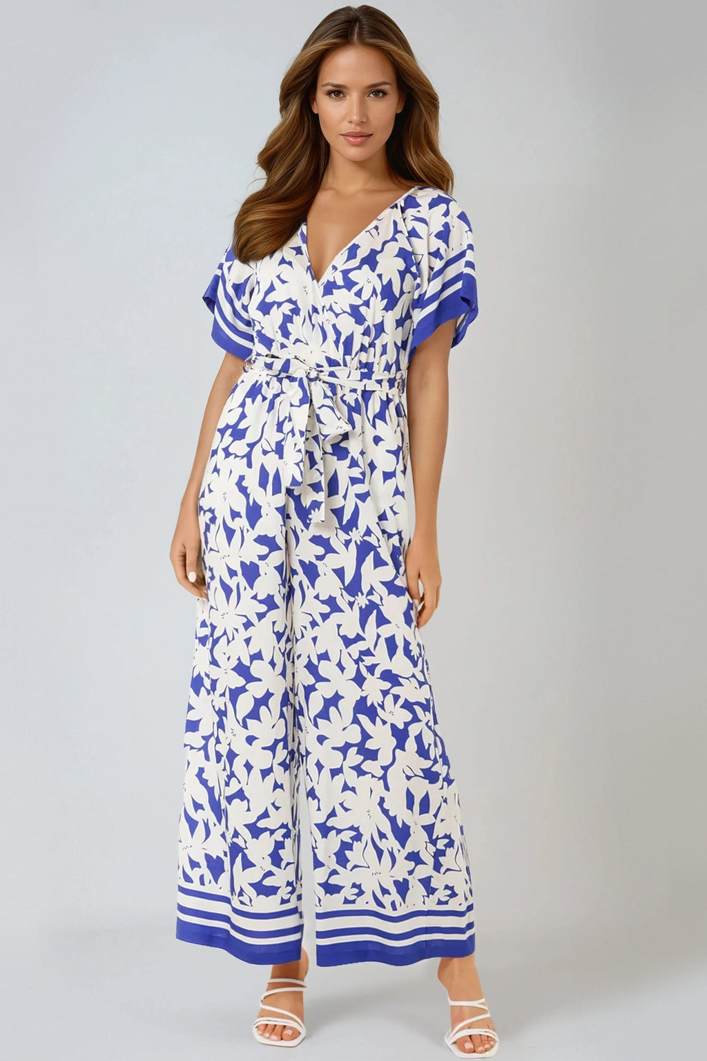 Blue Floral Wide-Leg Wrap Jumpsuit-2