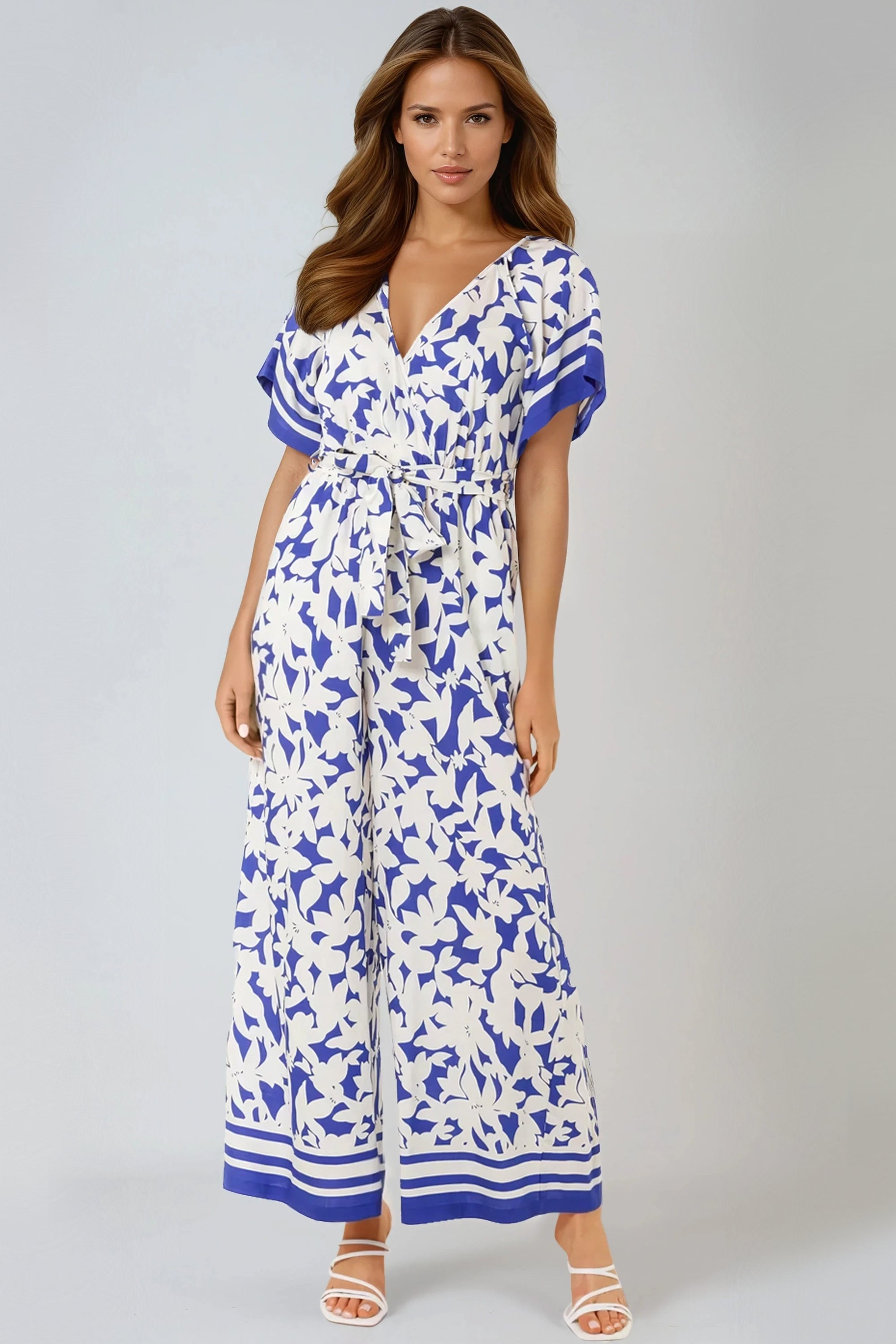 Blue Floral Wide-Leg Wrap Jumpsuit-2