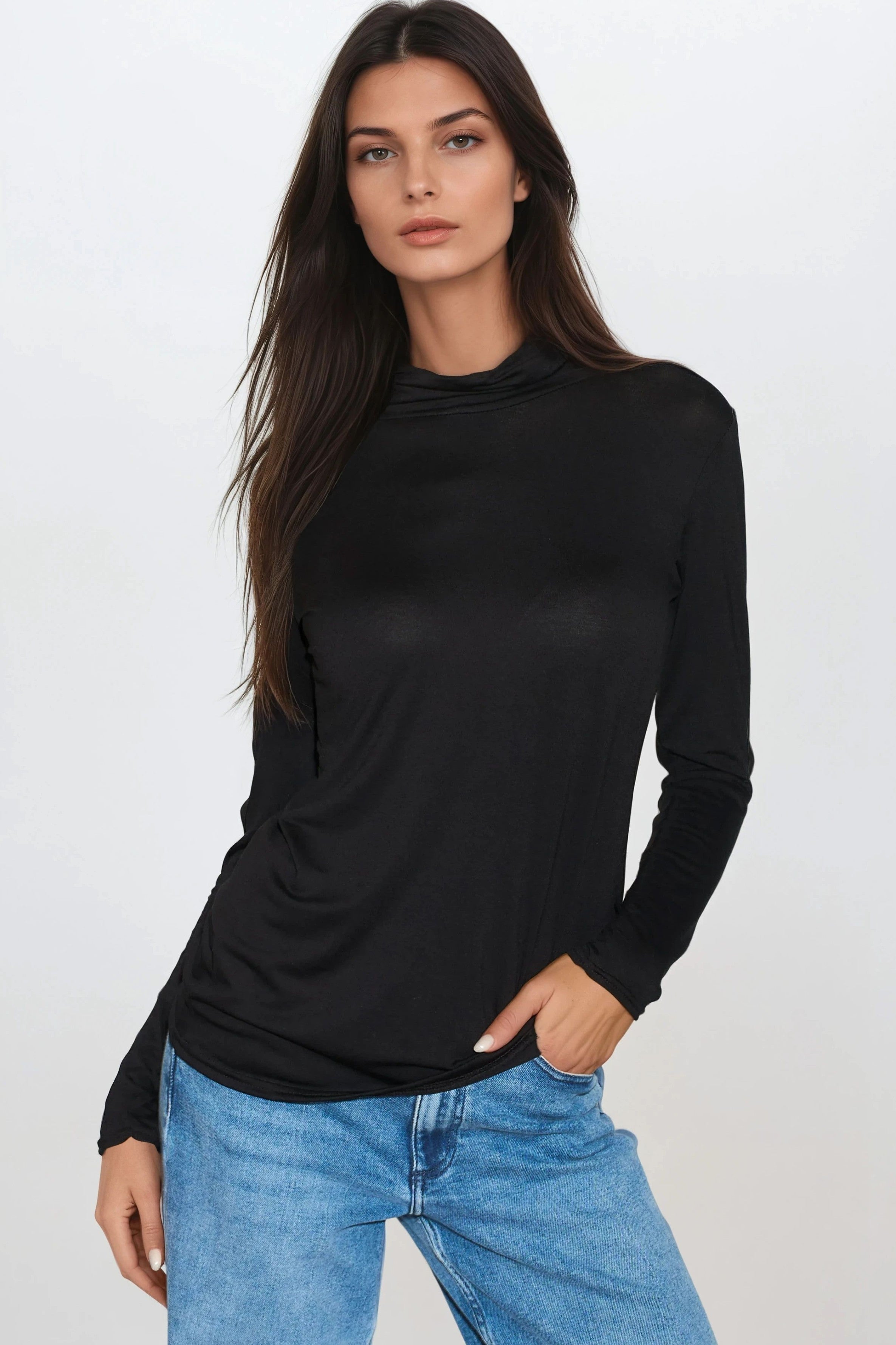 Black Turtleneck Long Sleeve Top-0