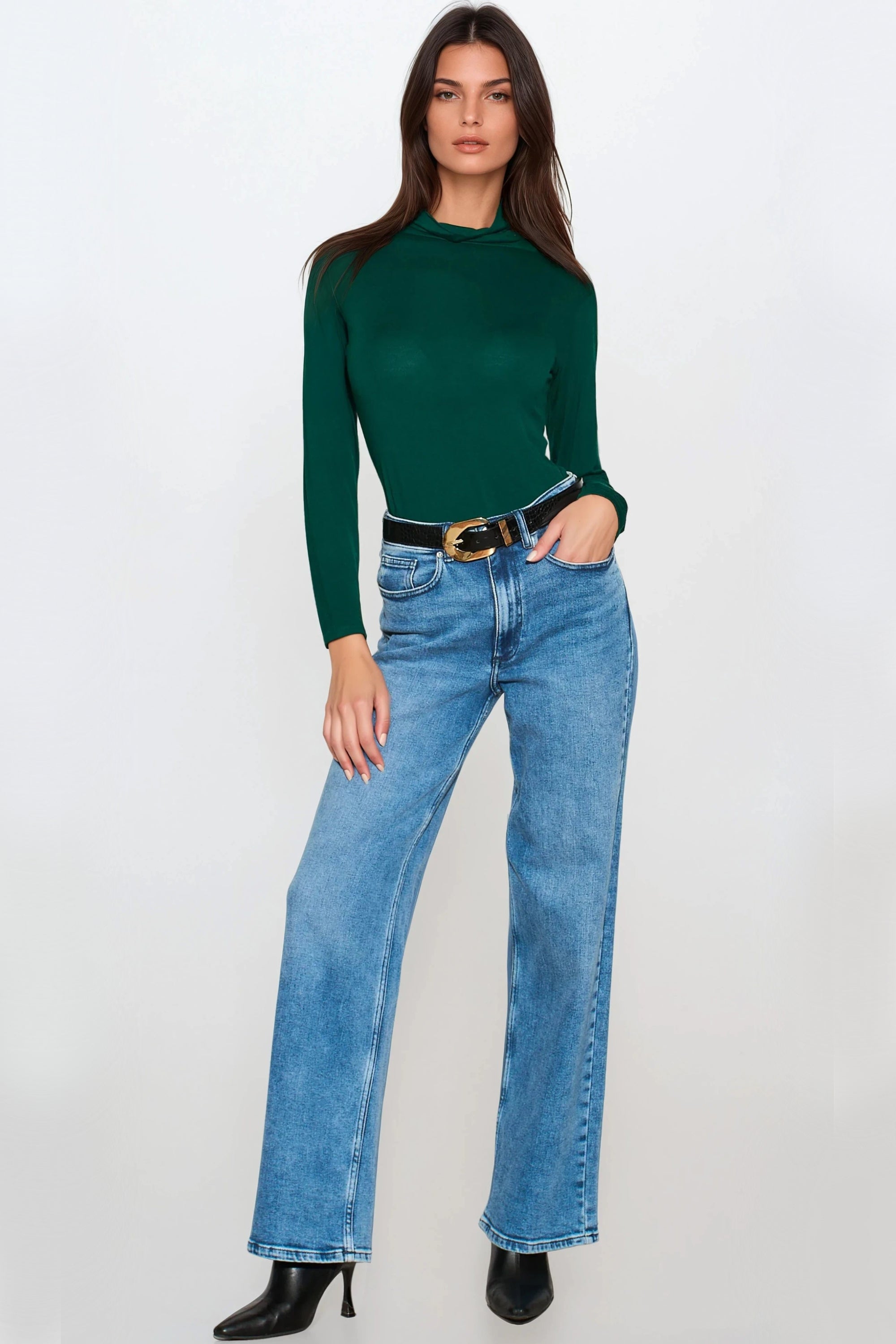 Green Turtleneck Long Sleeve Top-0