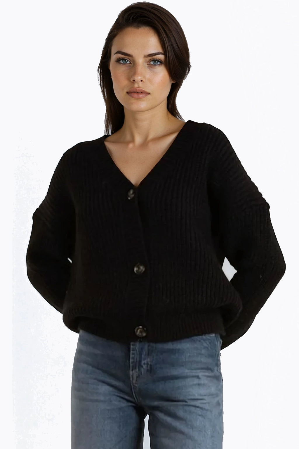 Black V-Neck Knit Cardigan-0
