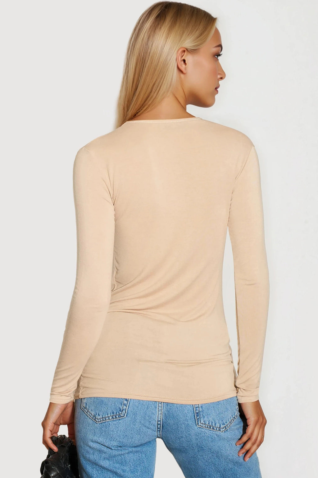 Beige V Neck Long Sleeve Top-2
