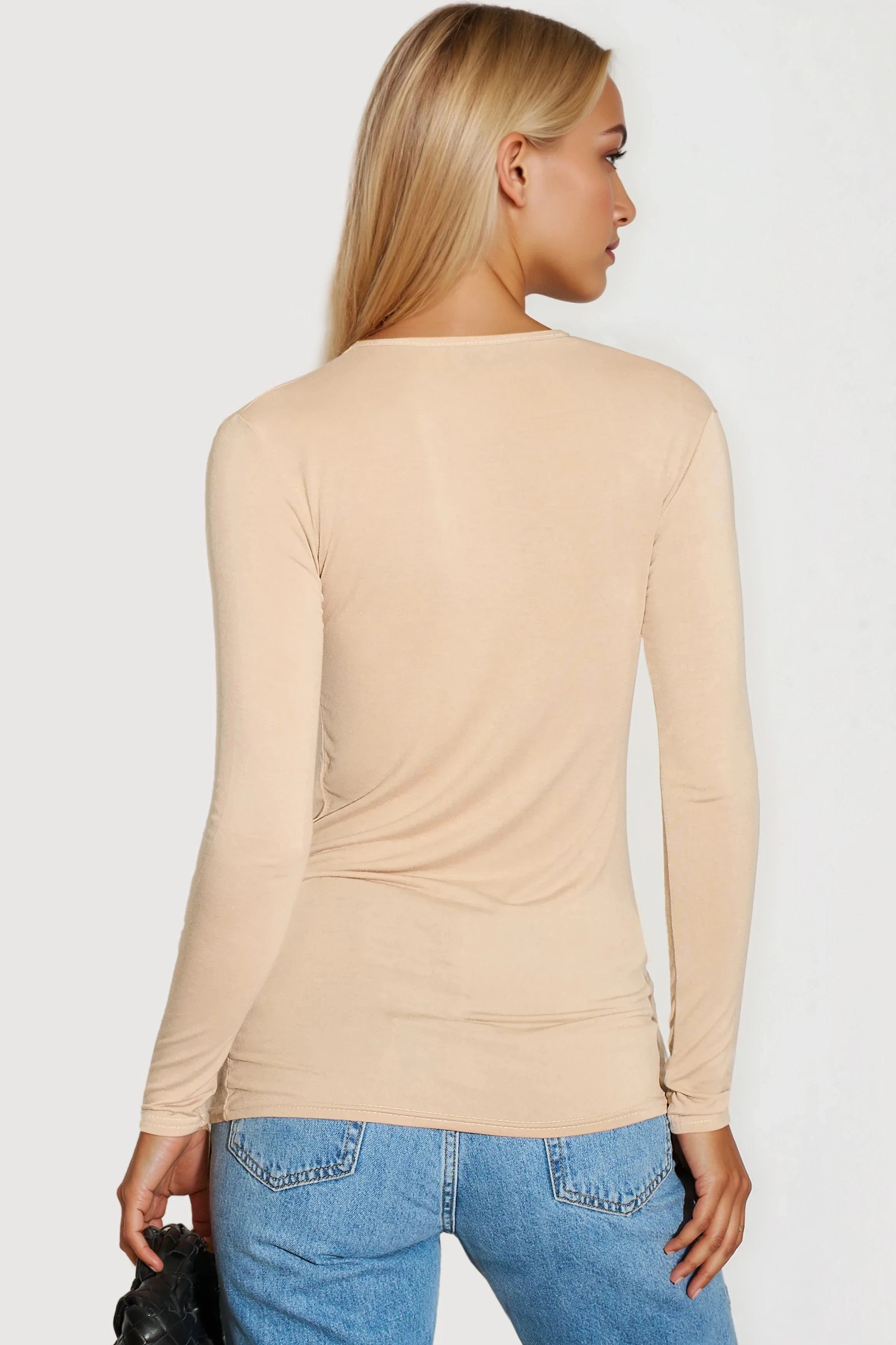Beige V Neck Long Sleeve Top-2