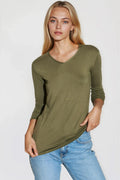 Khaki  V Neck Long Sleeve Top-0