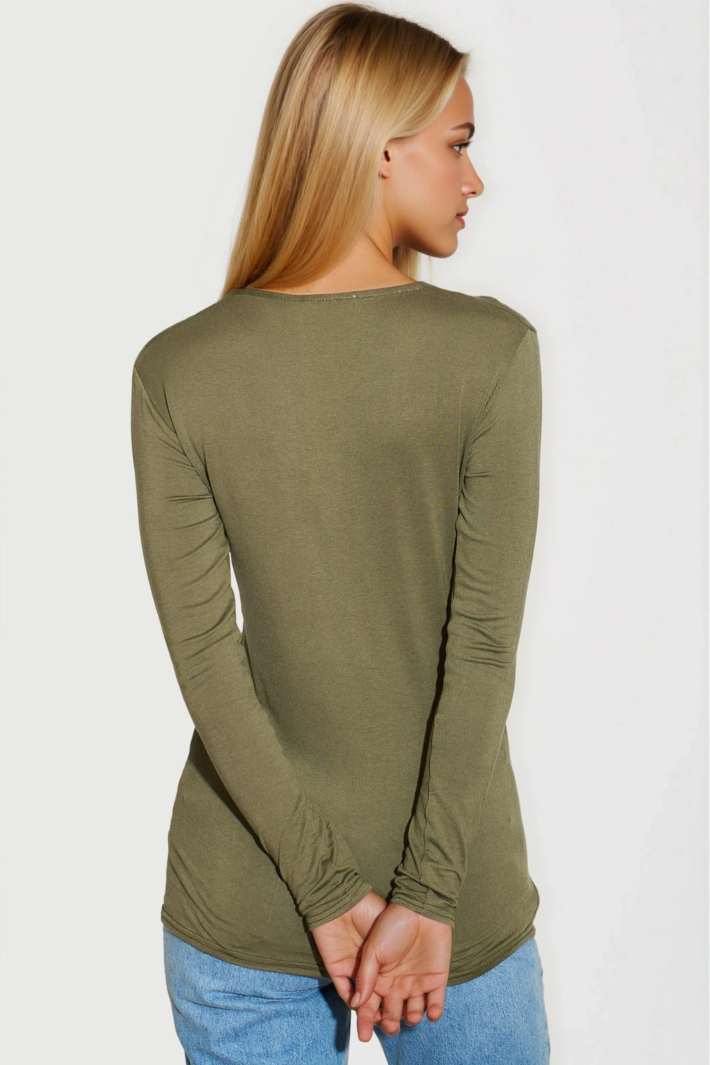 Khaki  V Neck Long Sleeve Top-2