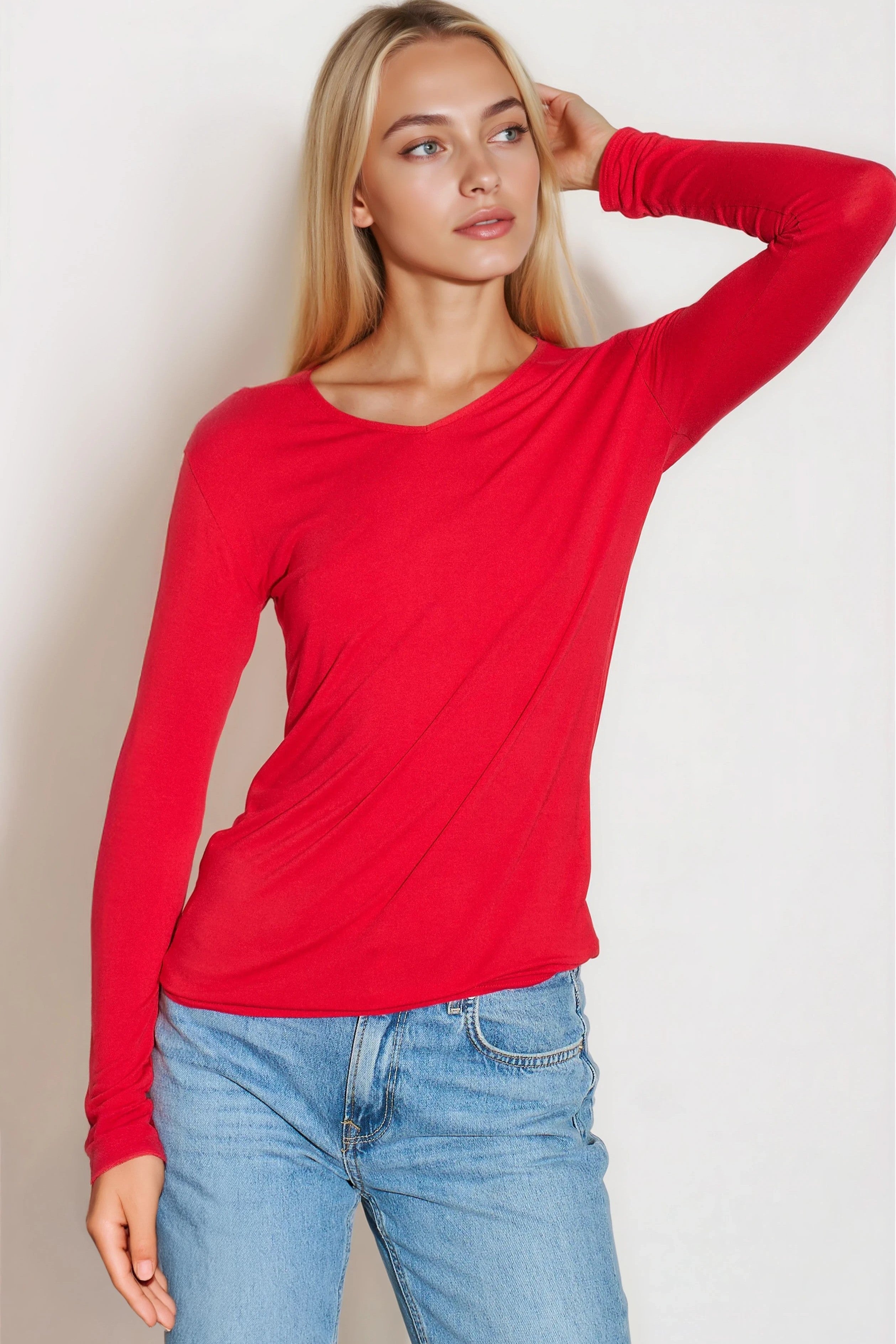 Red V Neck Long Sleeve Top-0