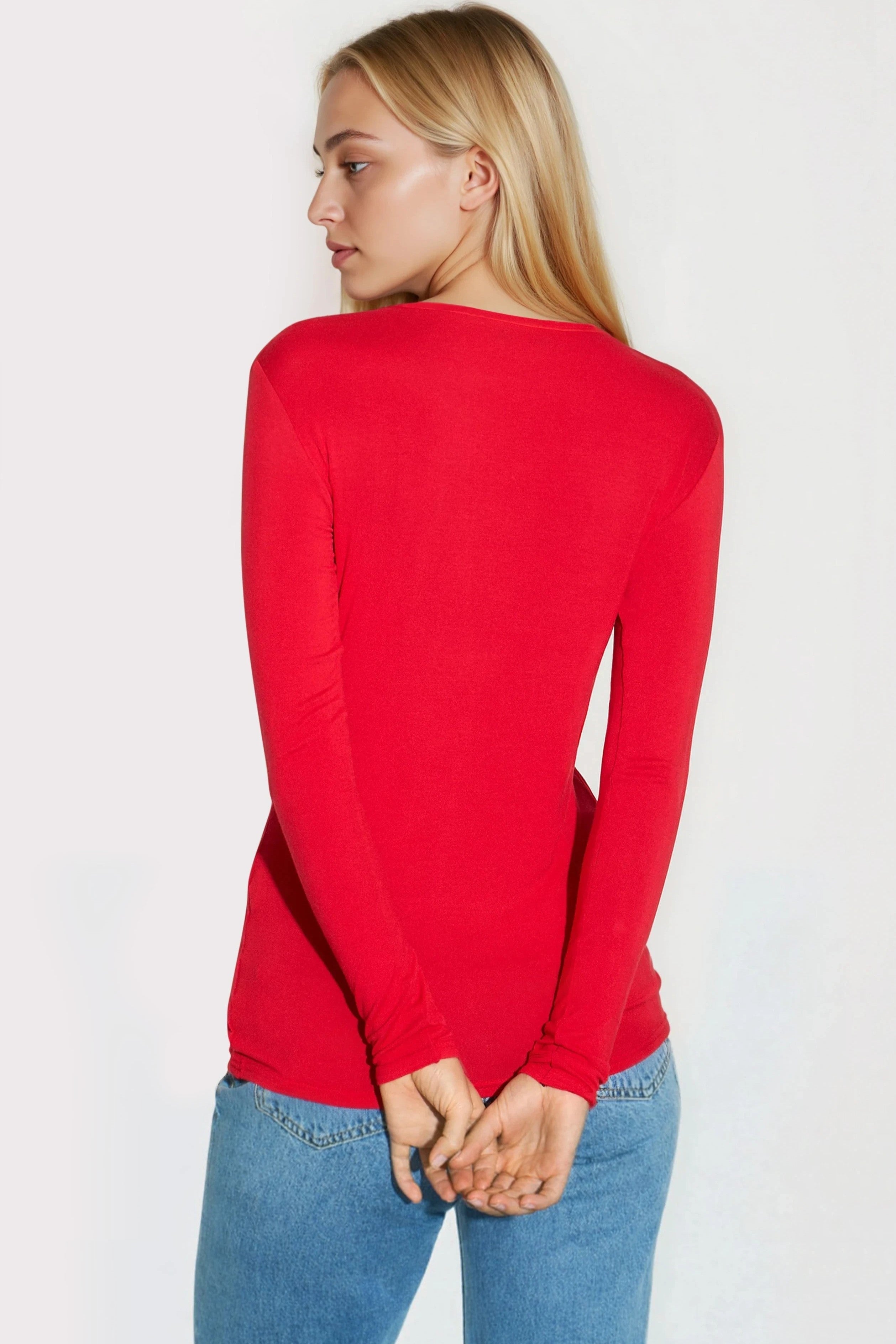 Red V Neck Long Sleeve Top-1