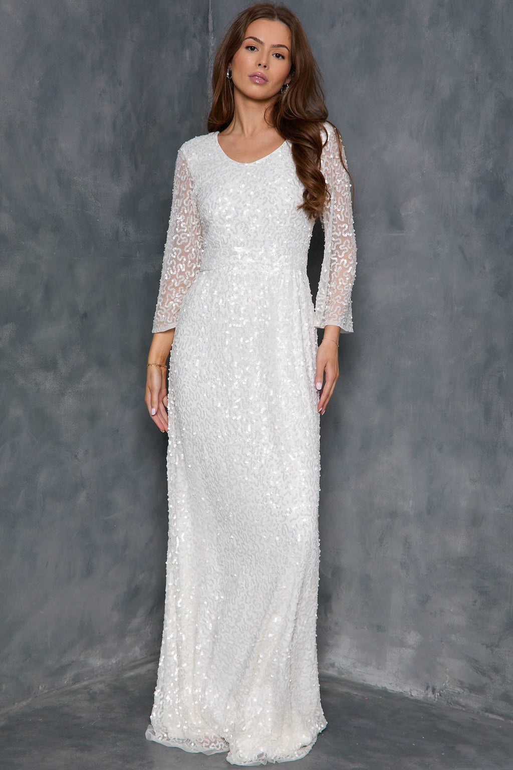 White Sequin Angel Sleeve Open Back Maxi Dress-0