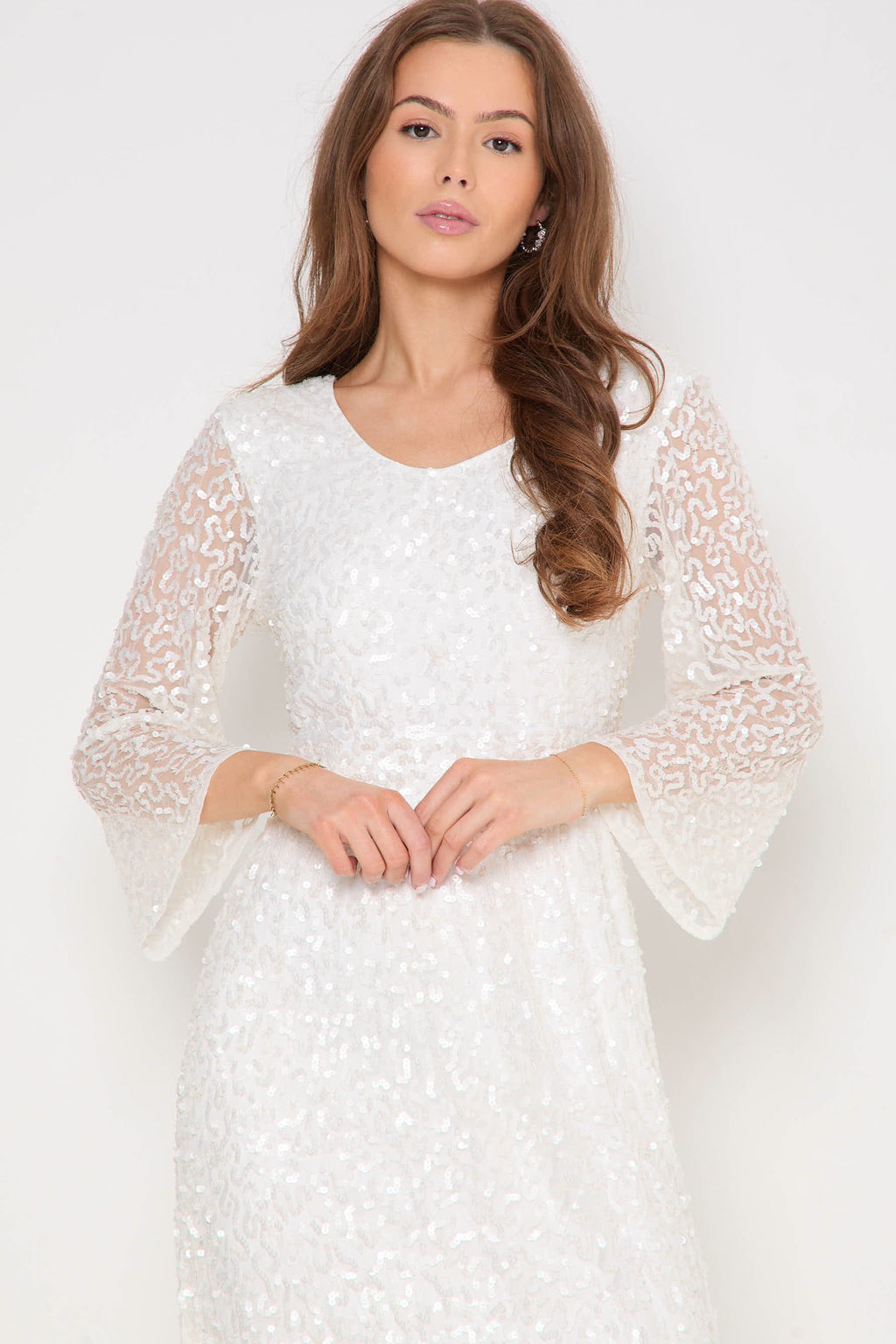 White Sequin Angel Sleeve Open Back Maxi Dress-4