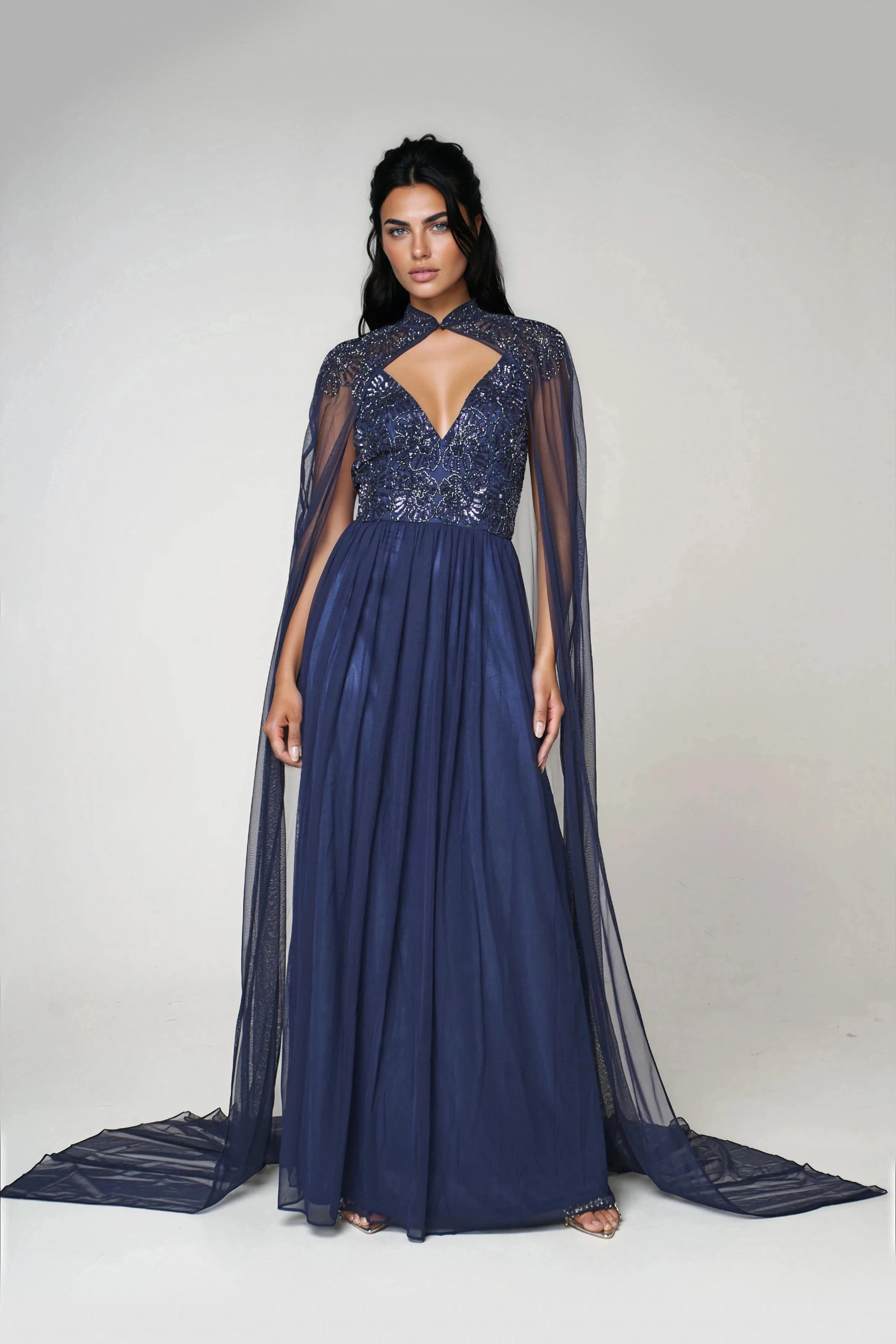 Navy Embellished Strappy Maxi Evening Dress with Detachable Cape-1