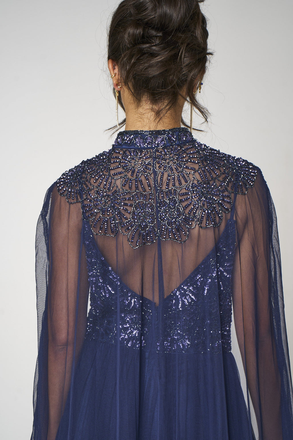 Navy Embellished Strappy Maxi Evening Dress with Detachable Cape-4