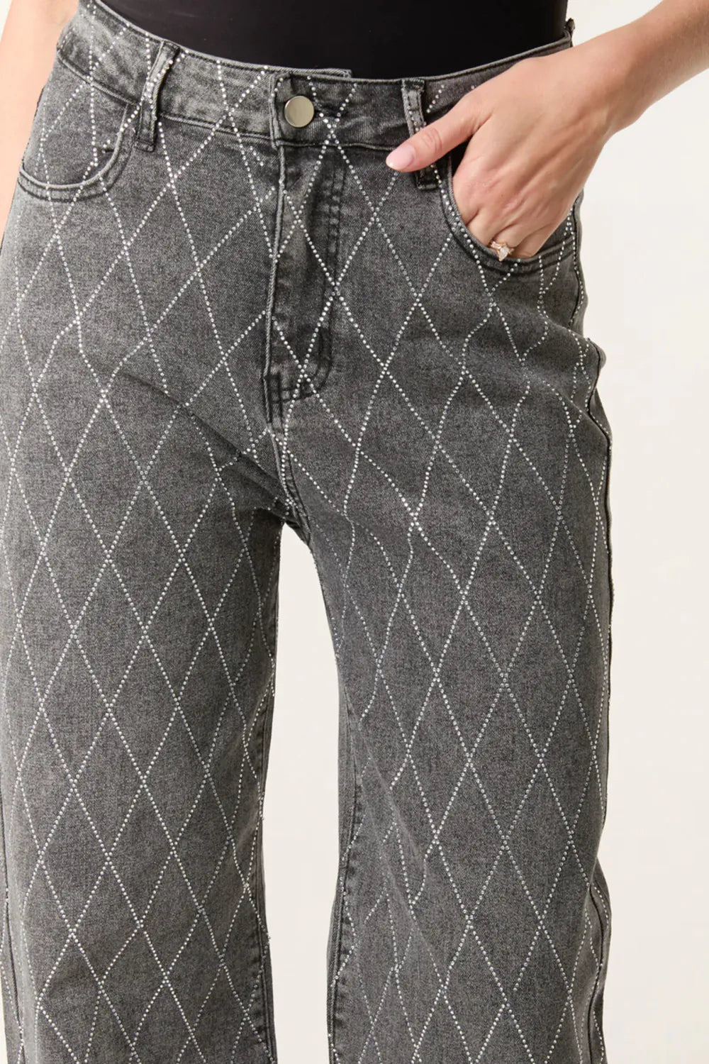 Black Wash Diamond Embellished Straight Leg Jeans-2