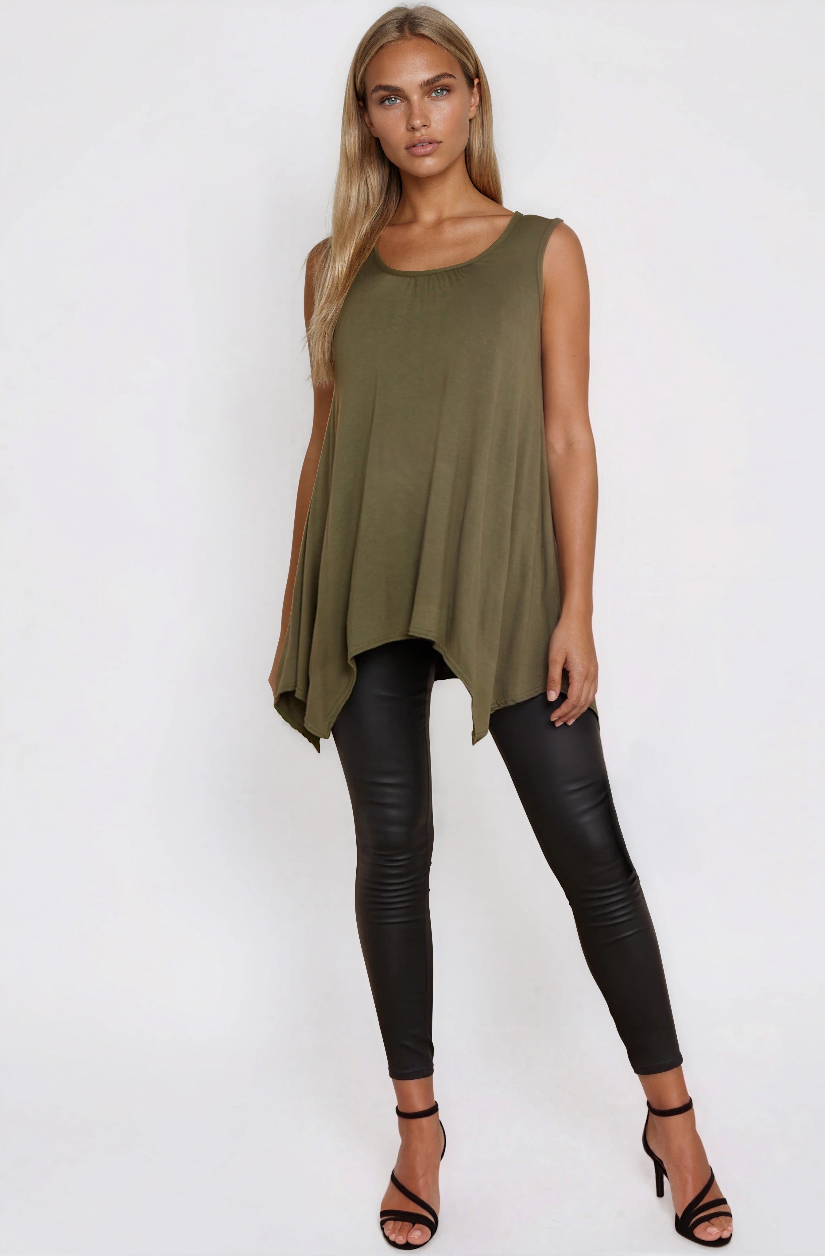 Khaki Sleeveless Top With Asymmetric Hem-1
