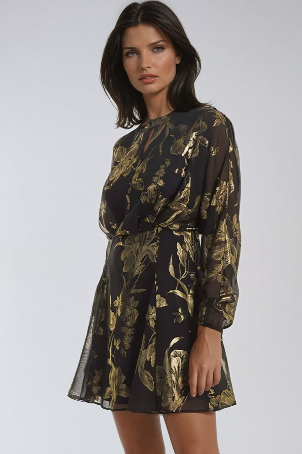 Black Gold Keyhole Foil Floral Detail Mini Dress-0