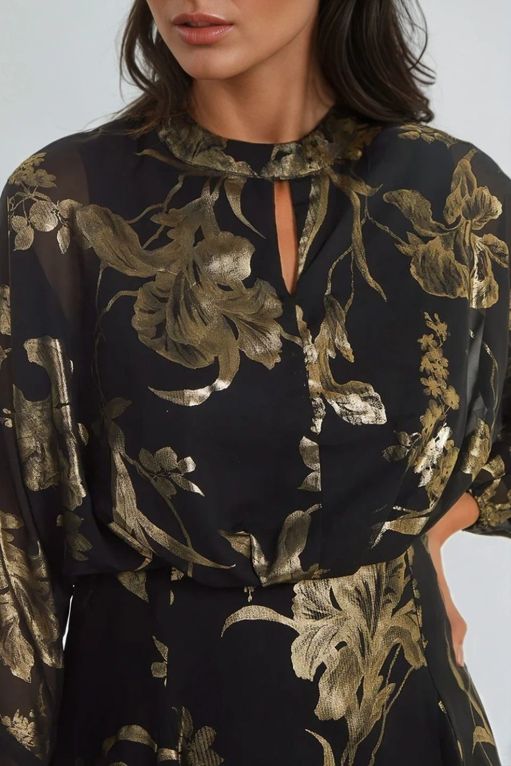 Black Gold Keyhole Foil Floral Detail Mini Dress-2