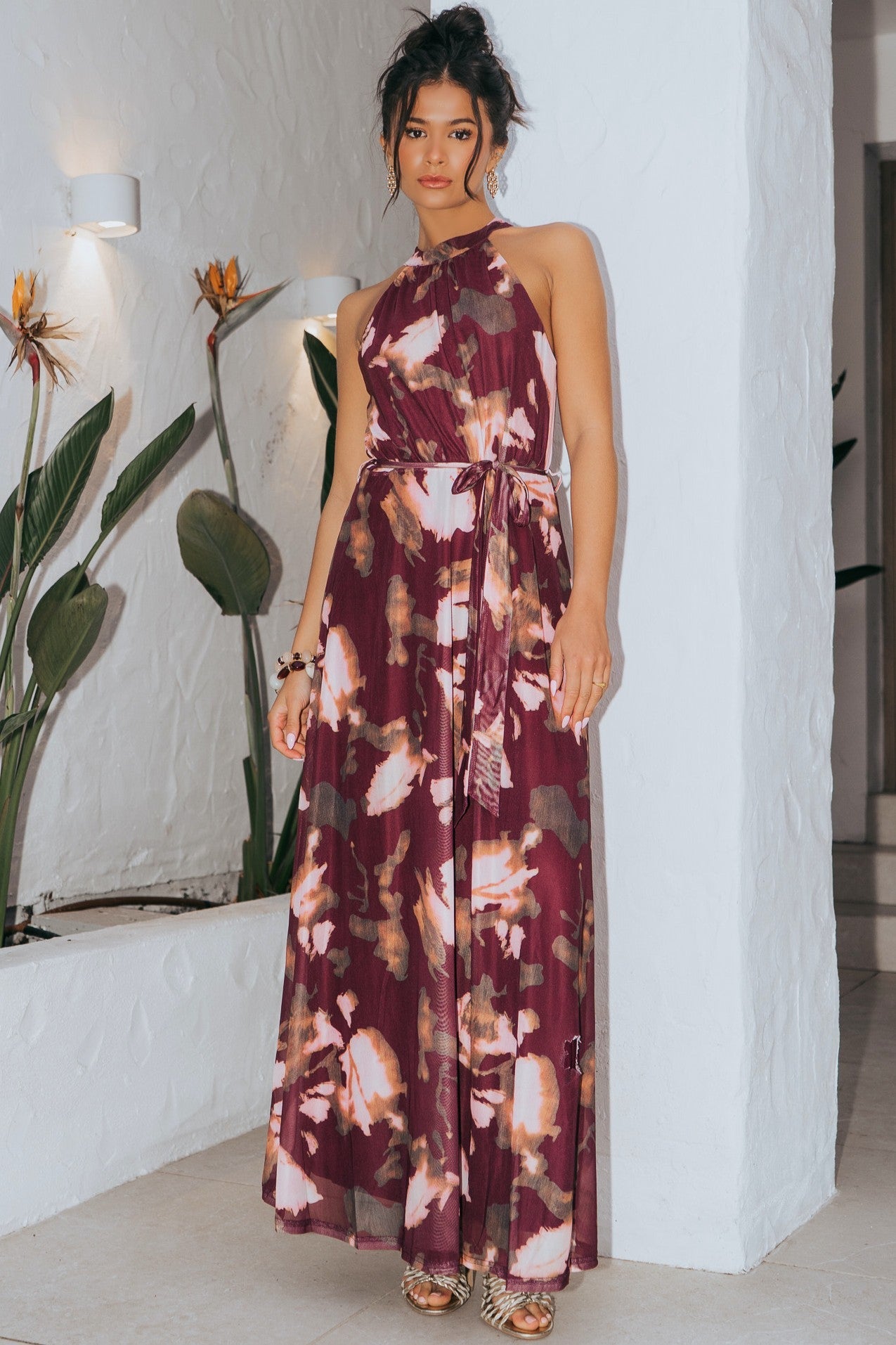 Wine Floral Halterneck Belted Maxi Dress-3