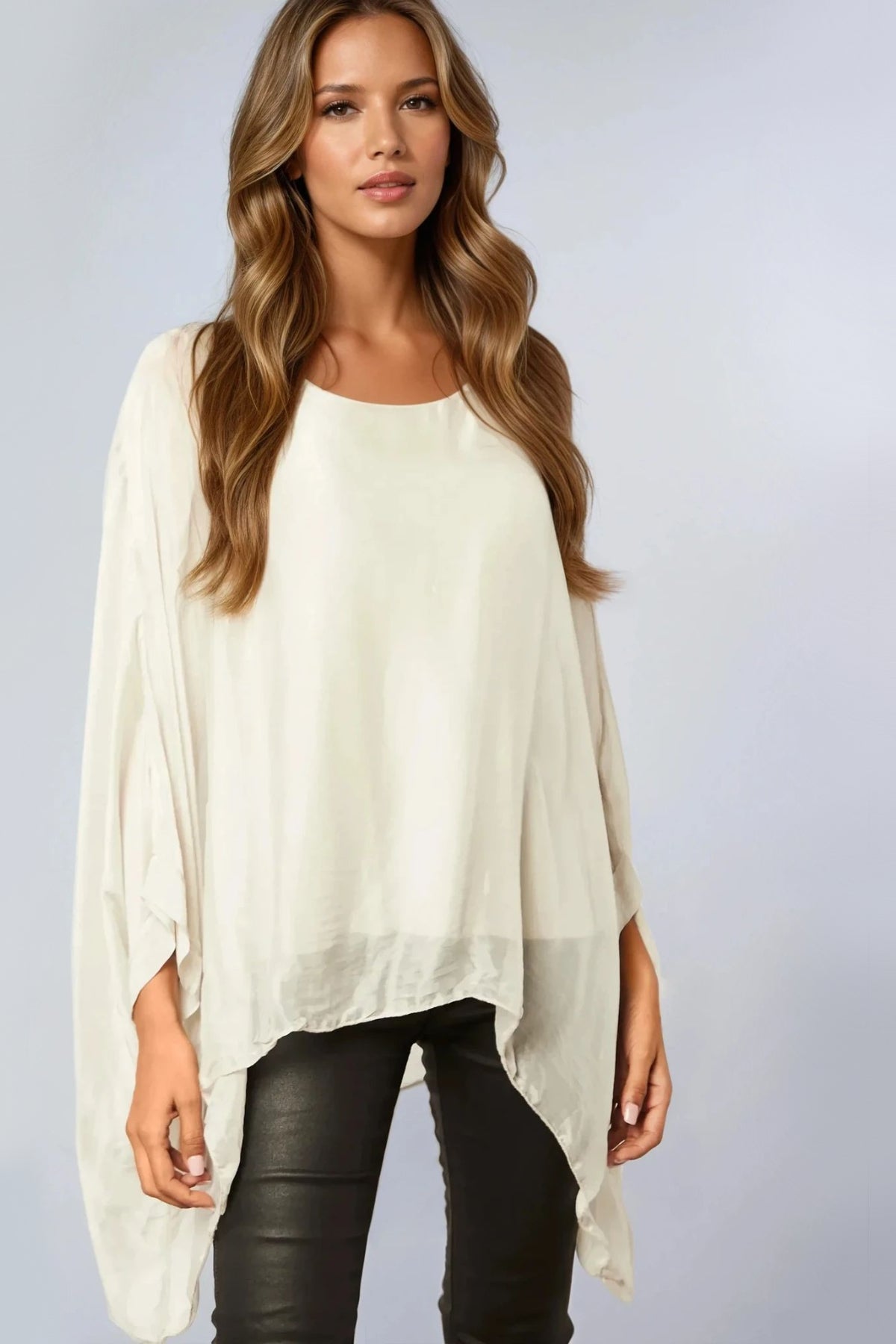 Beige Silk Batwing Sleeve Blouse-0