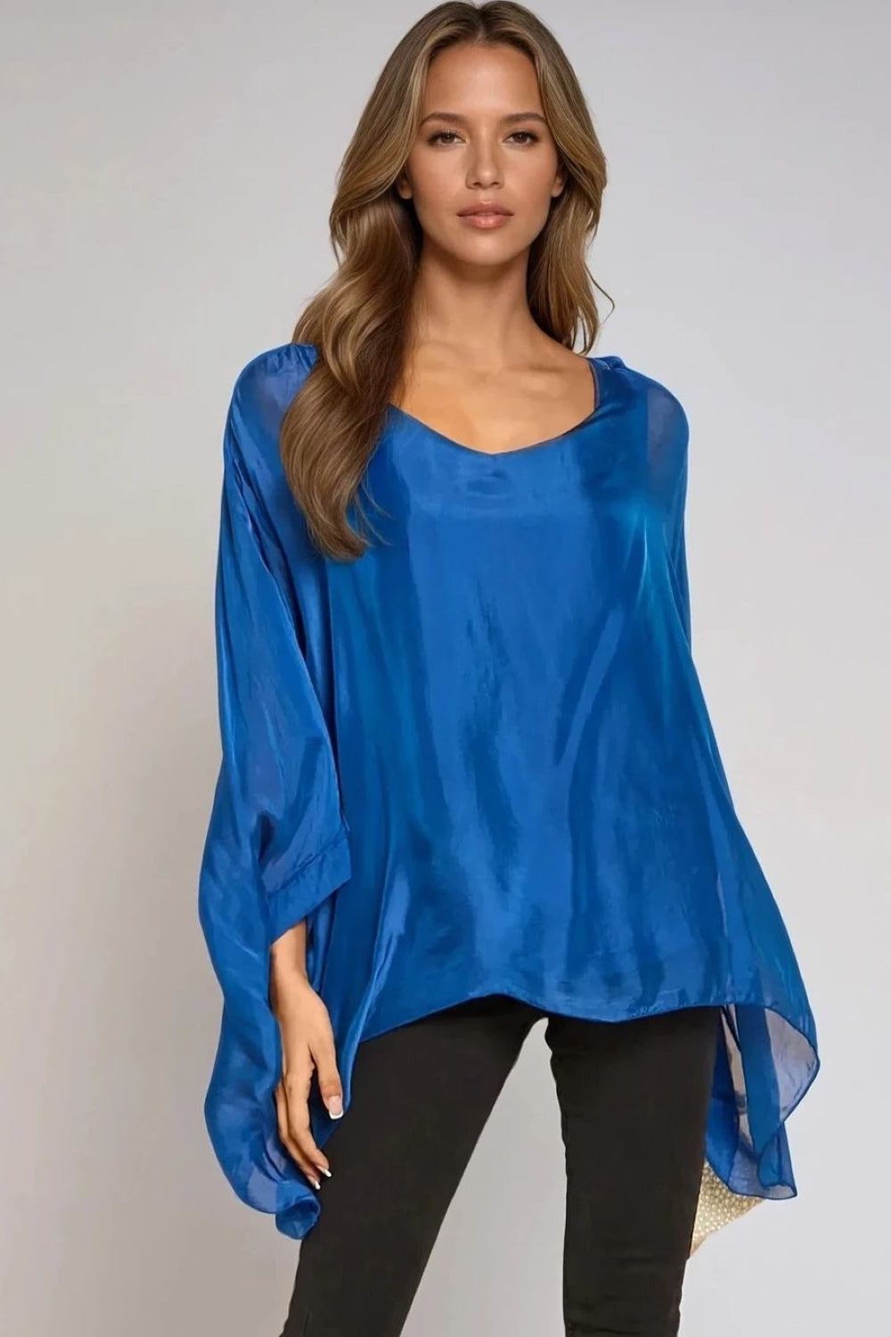 Royal Blue Silk Batwing Sleeve Round Neck Blouse-0