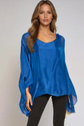 Royal Blue Silk Batwing Sleeve Round Neck Blouse-0