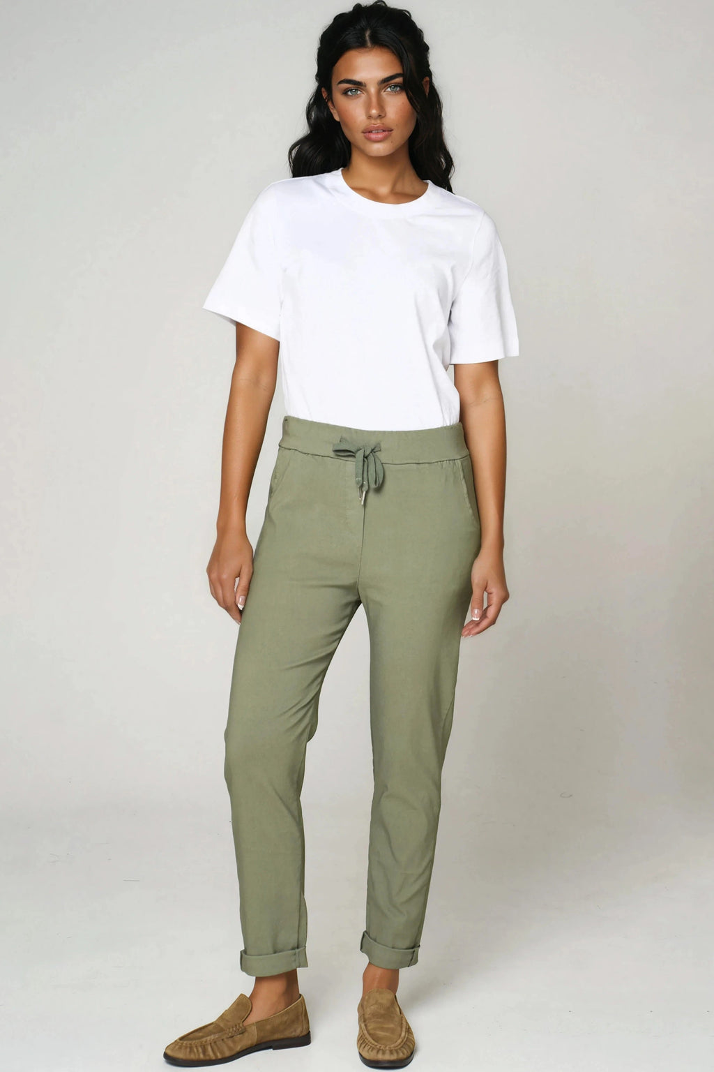 Khaki Stretch Drawstring Trousers-0